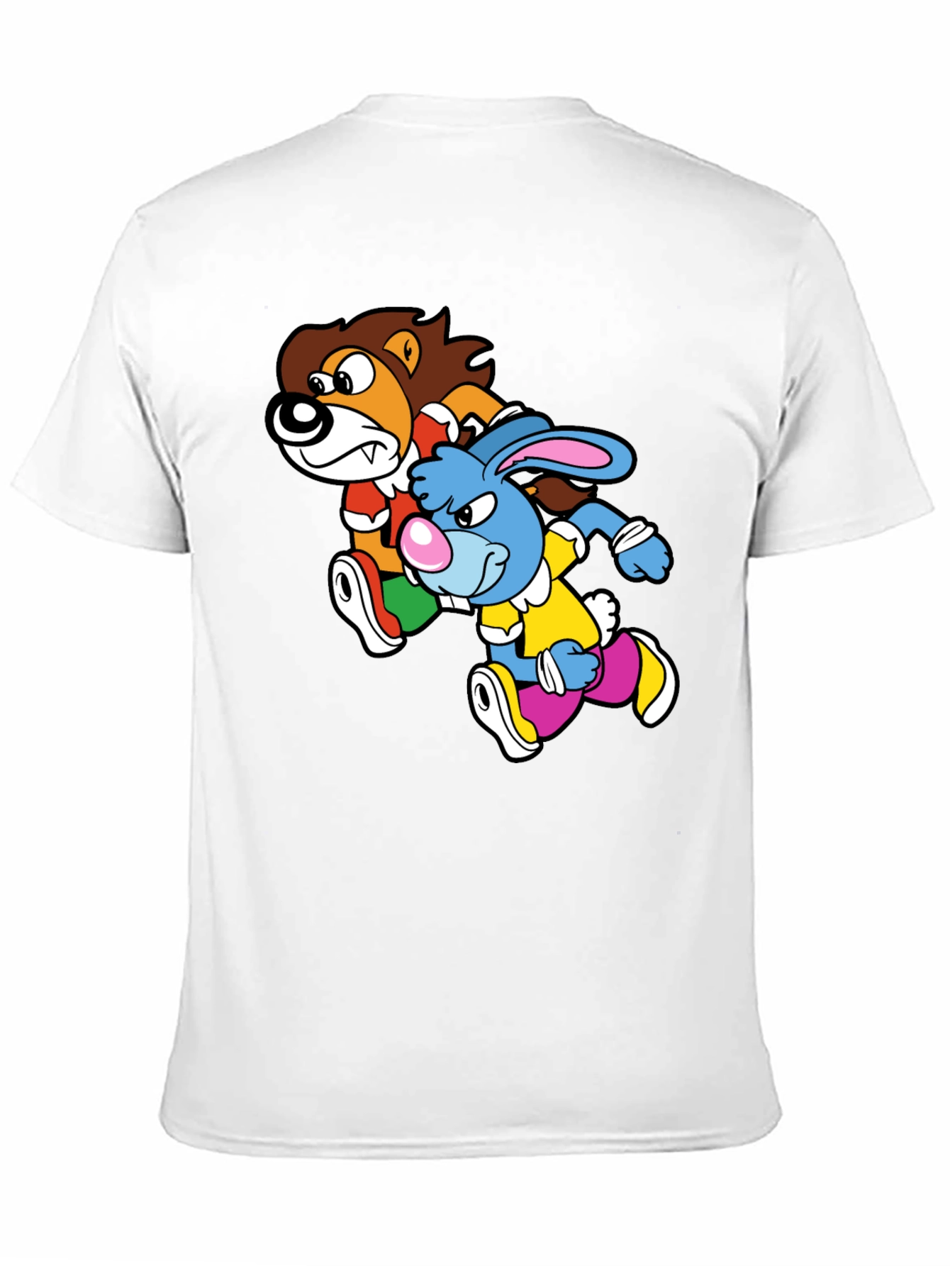 Lion and Rabbit Cartoon Graphic Black T-Shirt