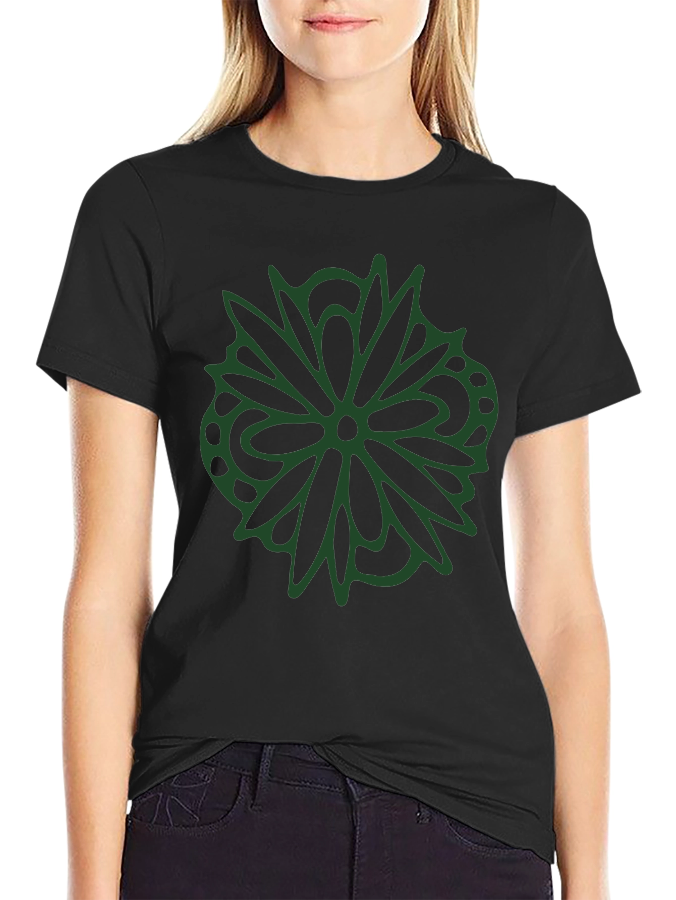 Stylish Black T-Shirt with Abstract Green Floral Design