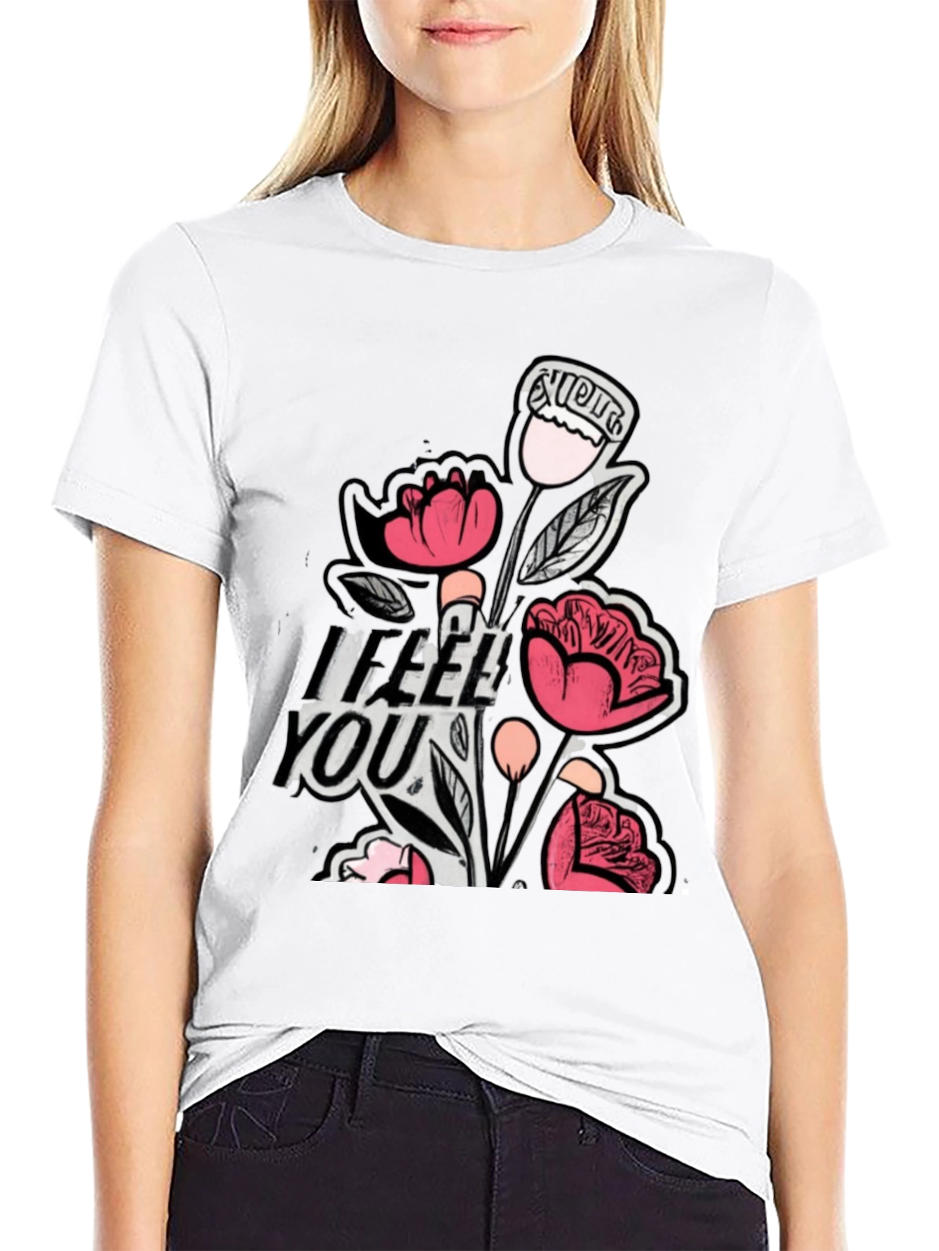 Floral I Feel You Black Graphic T-Shirt