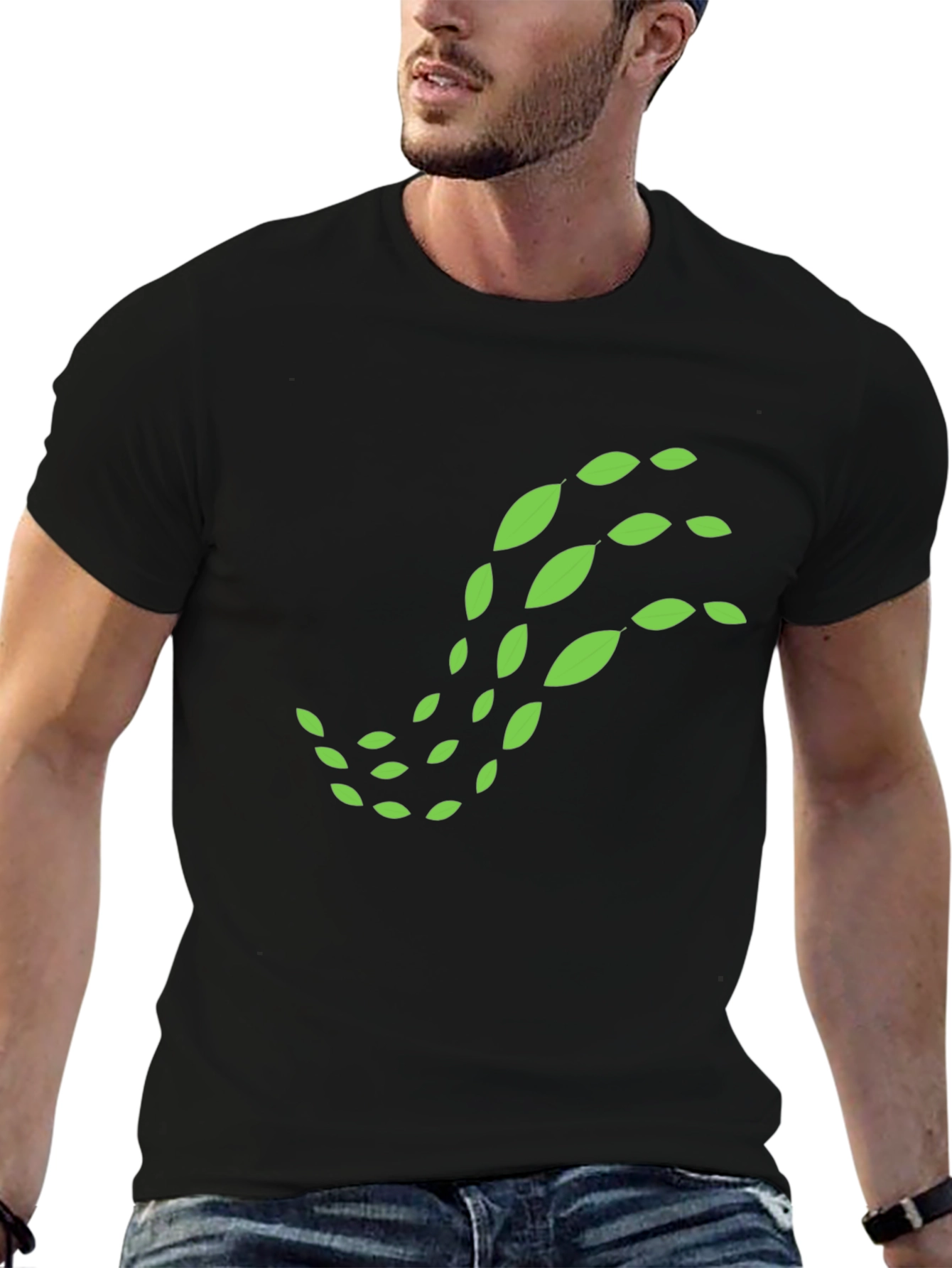 Black T-Shirt with Green Leaf Design