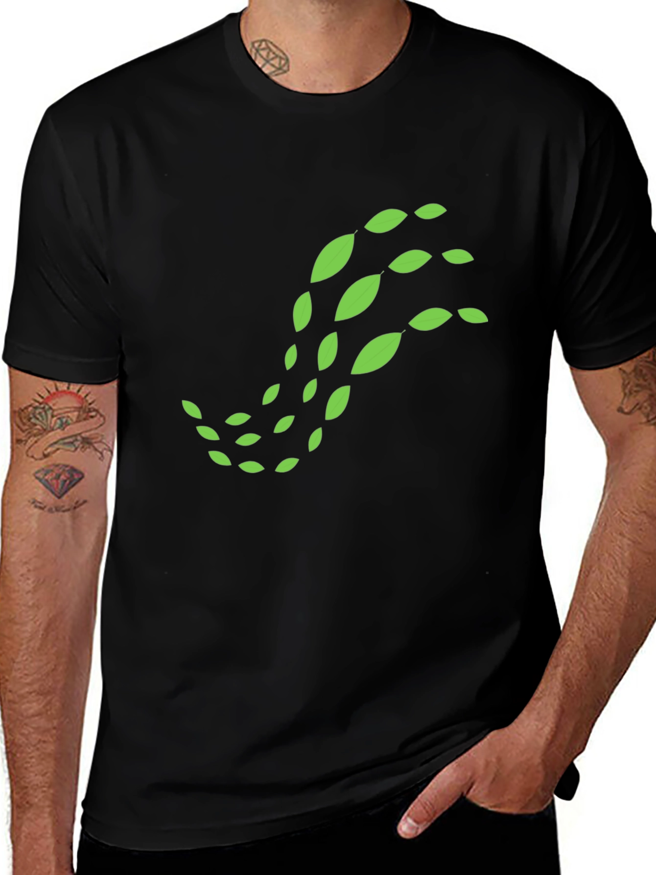 Black T-Shirt with Green Leaf Design