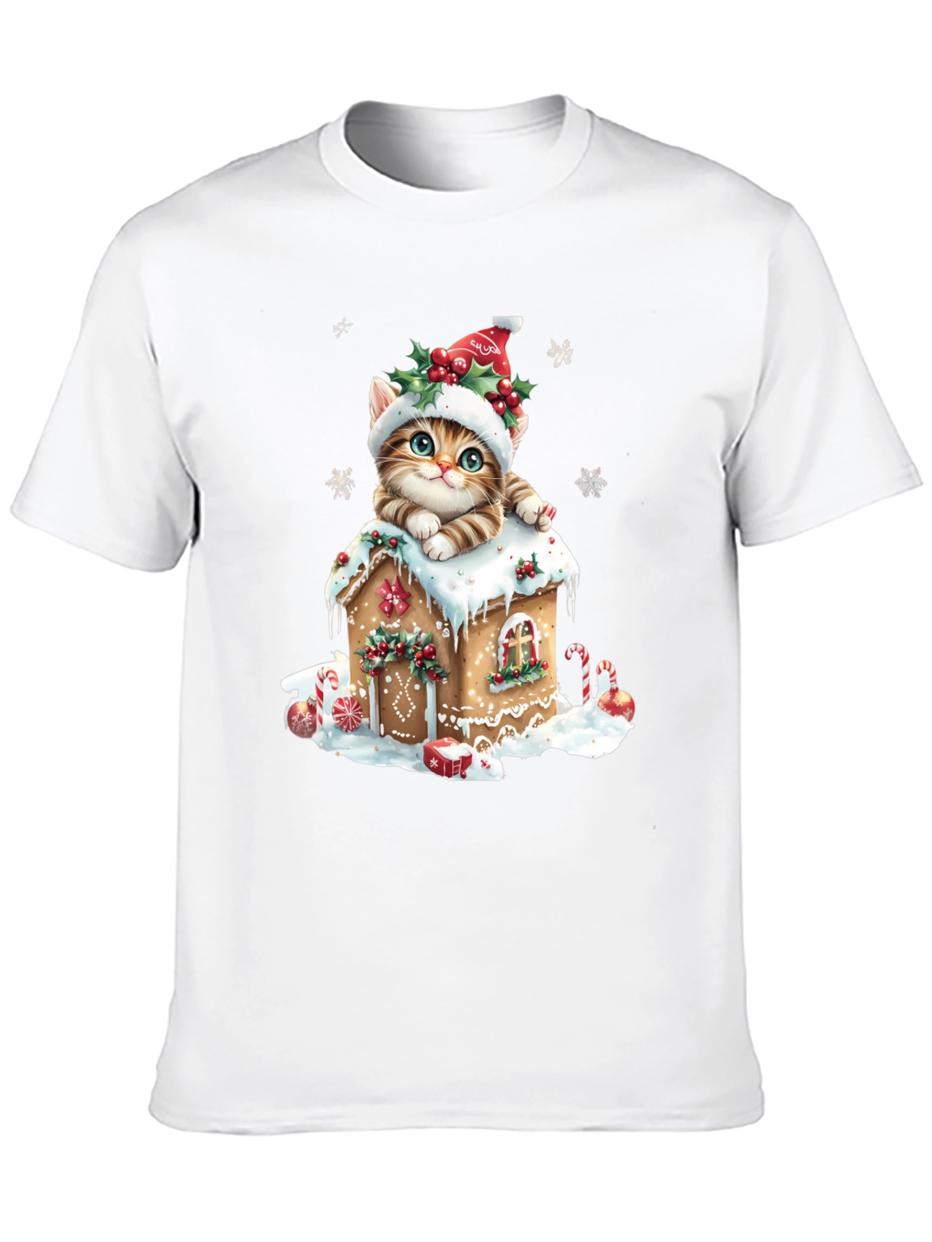 Festive Cat Gingerbread House Christmas T-Shirt
