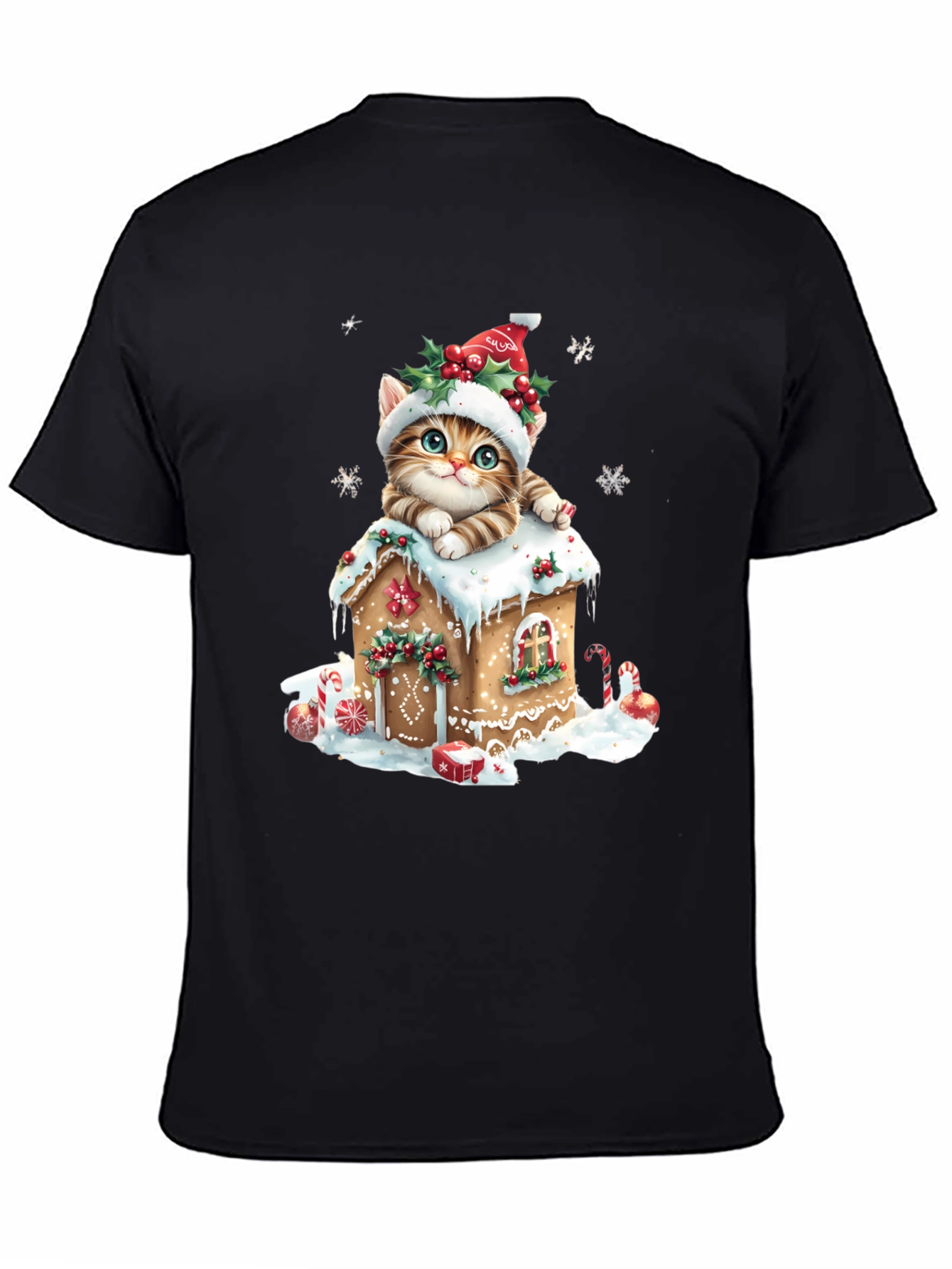 Festive Cat Gingerbread House Christmas T-Shirt