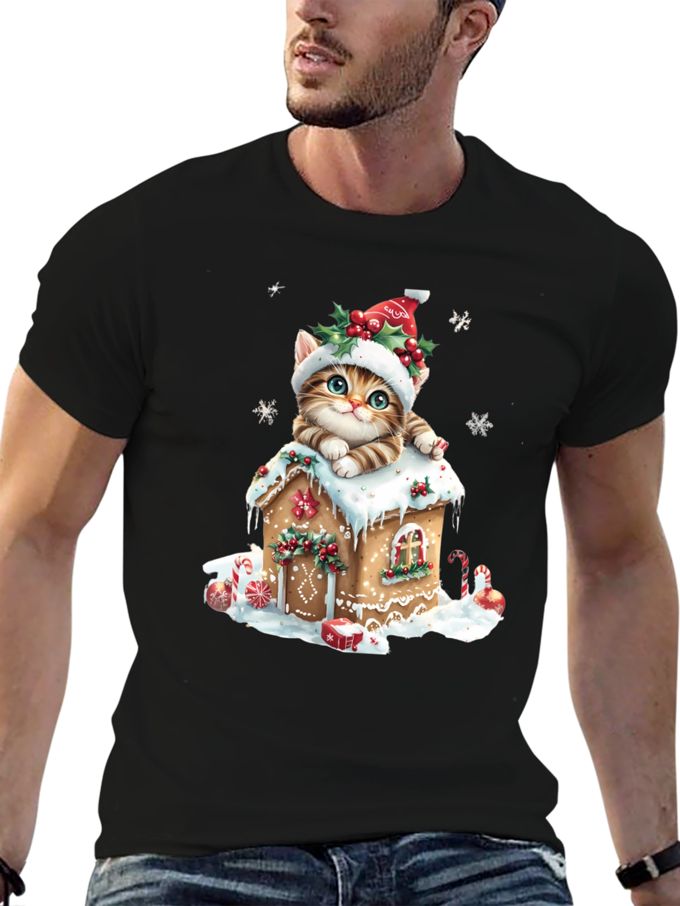 Festive Cat Gingerbread House Christmas T-Shirt