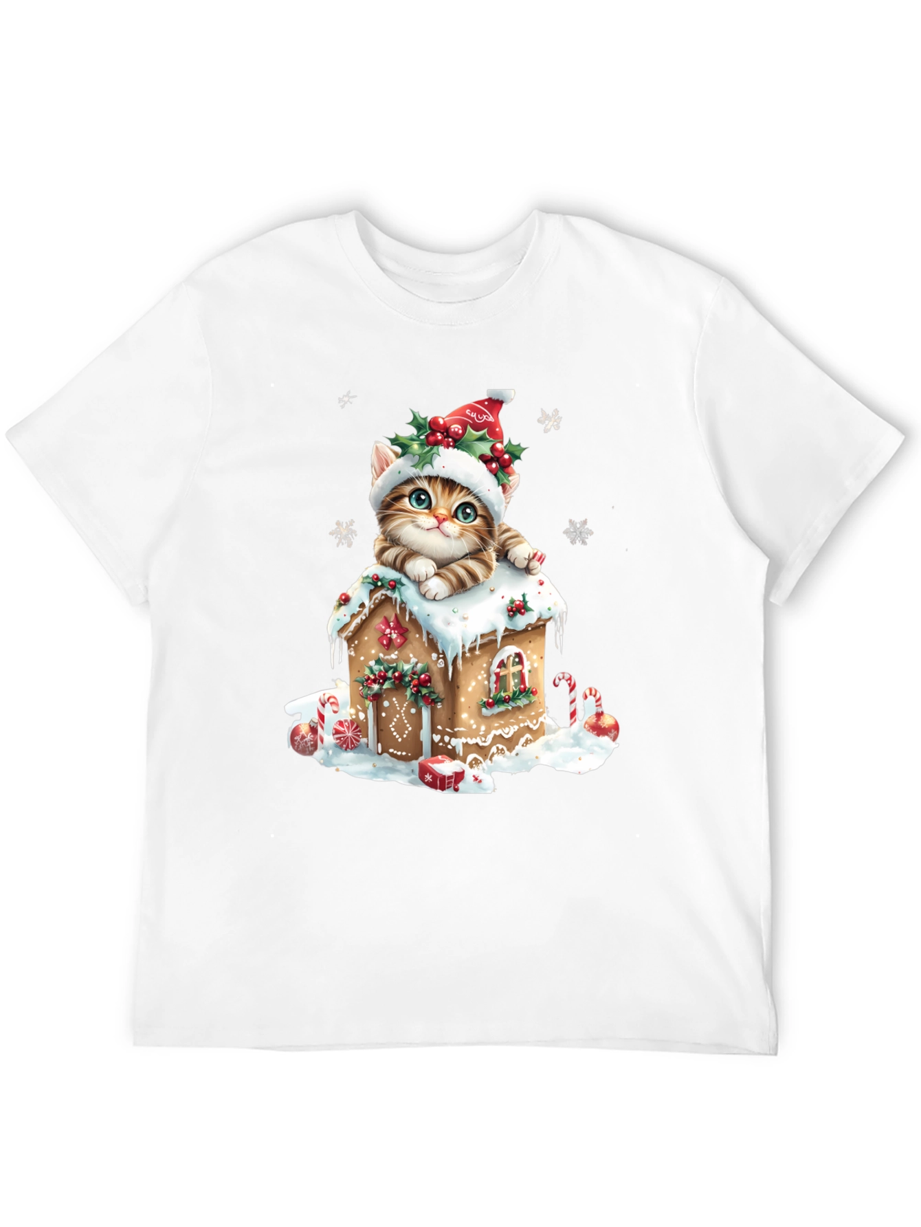 Festive Cat Gingerbread House Christmas T-Shirt