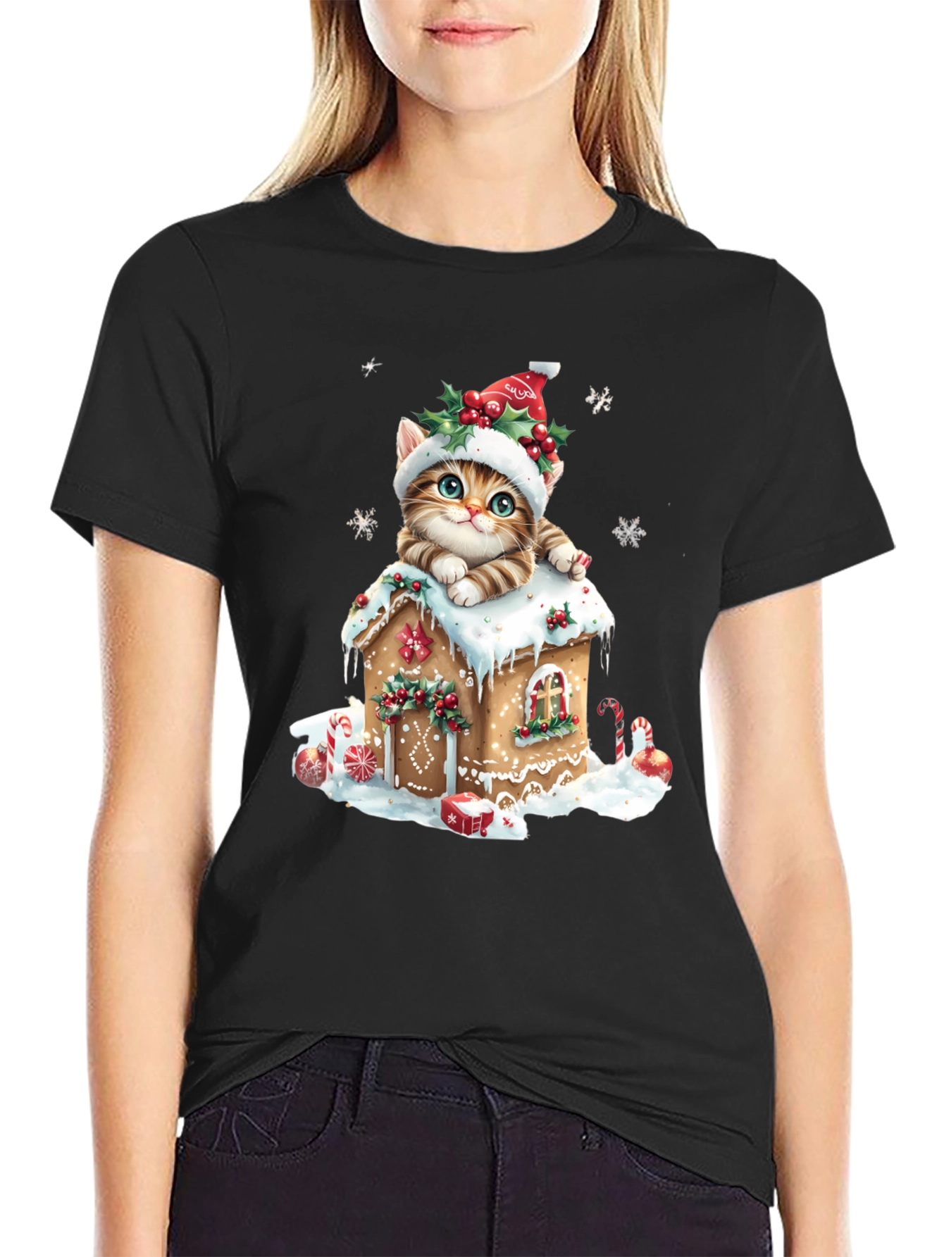 Festive Cat Gingerbread House Christmas T-Shirt