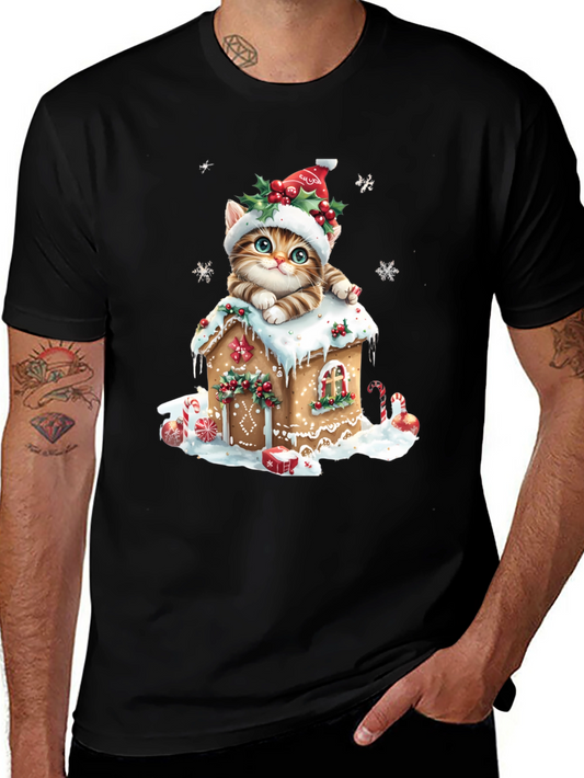 Festive Cat Gingerbread House Christmas T-Shirt