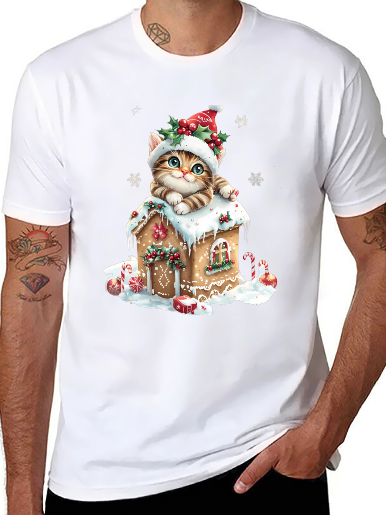 Festive Cat Gingerbread House Christmas T-Shirt