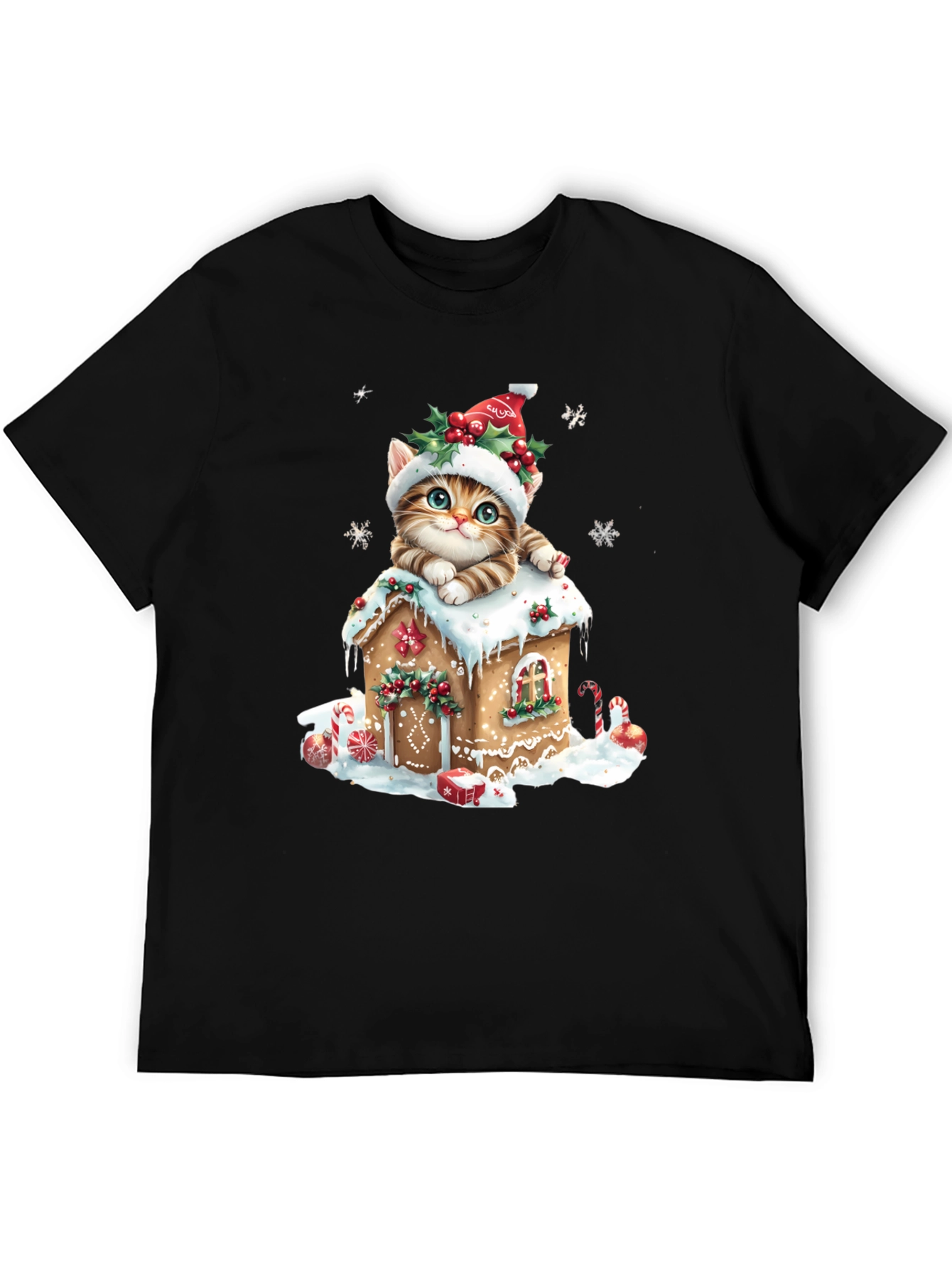 Festive Cat Gingerbread House Christmas T-Shirt