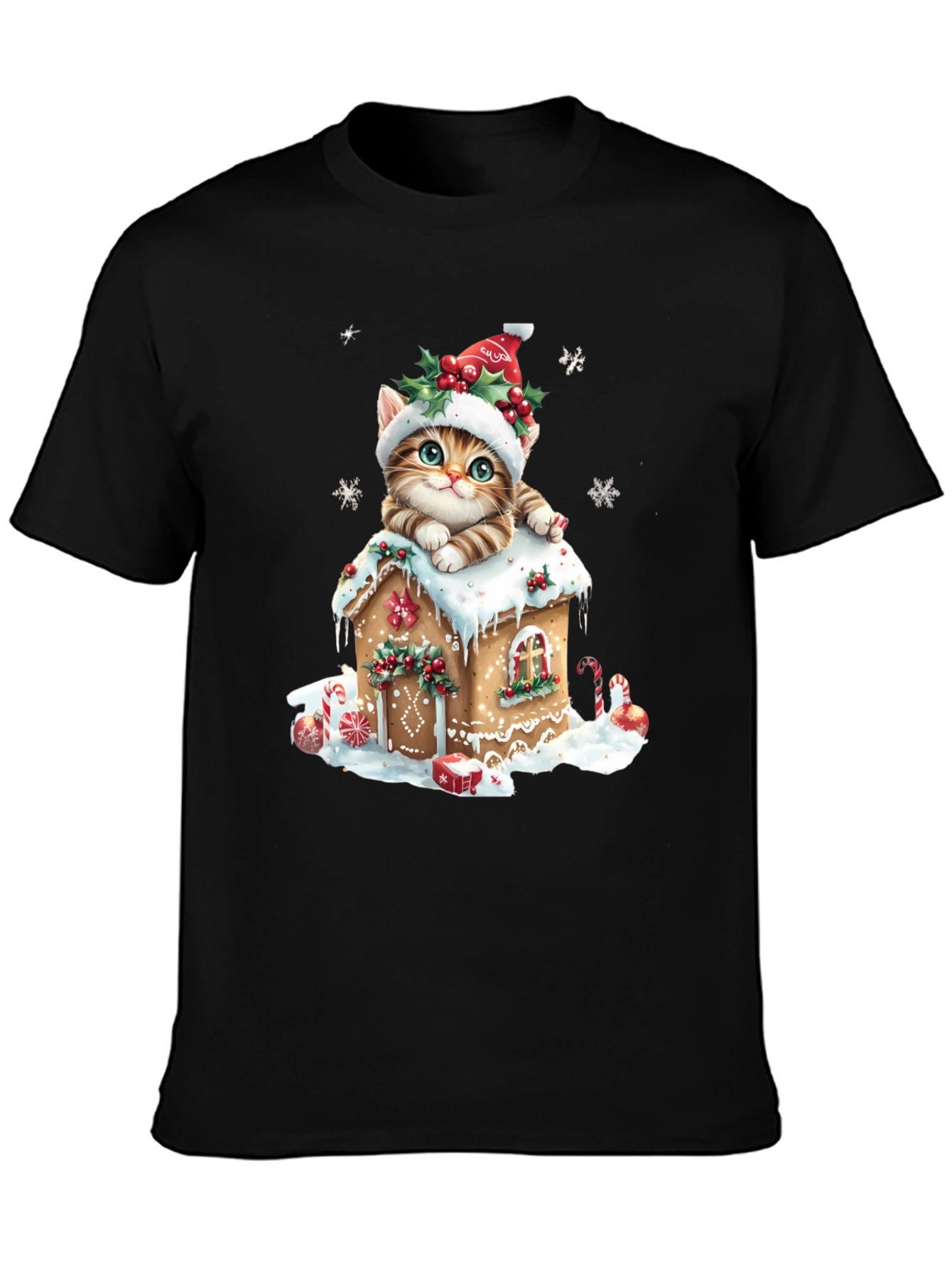 Festive Cat Gingerbread House Christmas T-Shirt