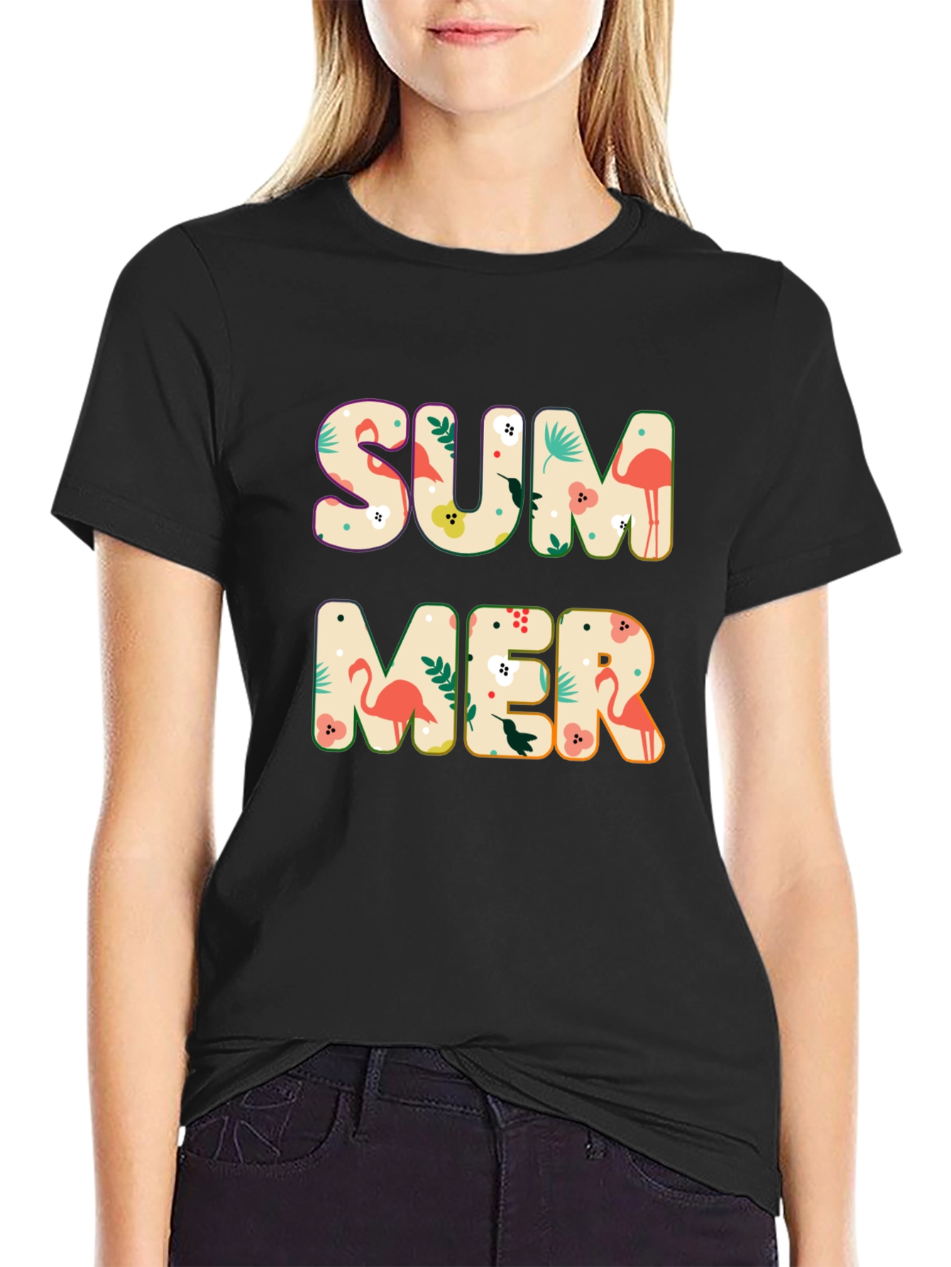 Summer Flamingo Print Black T-Shirt