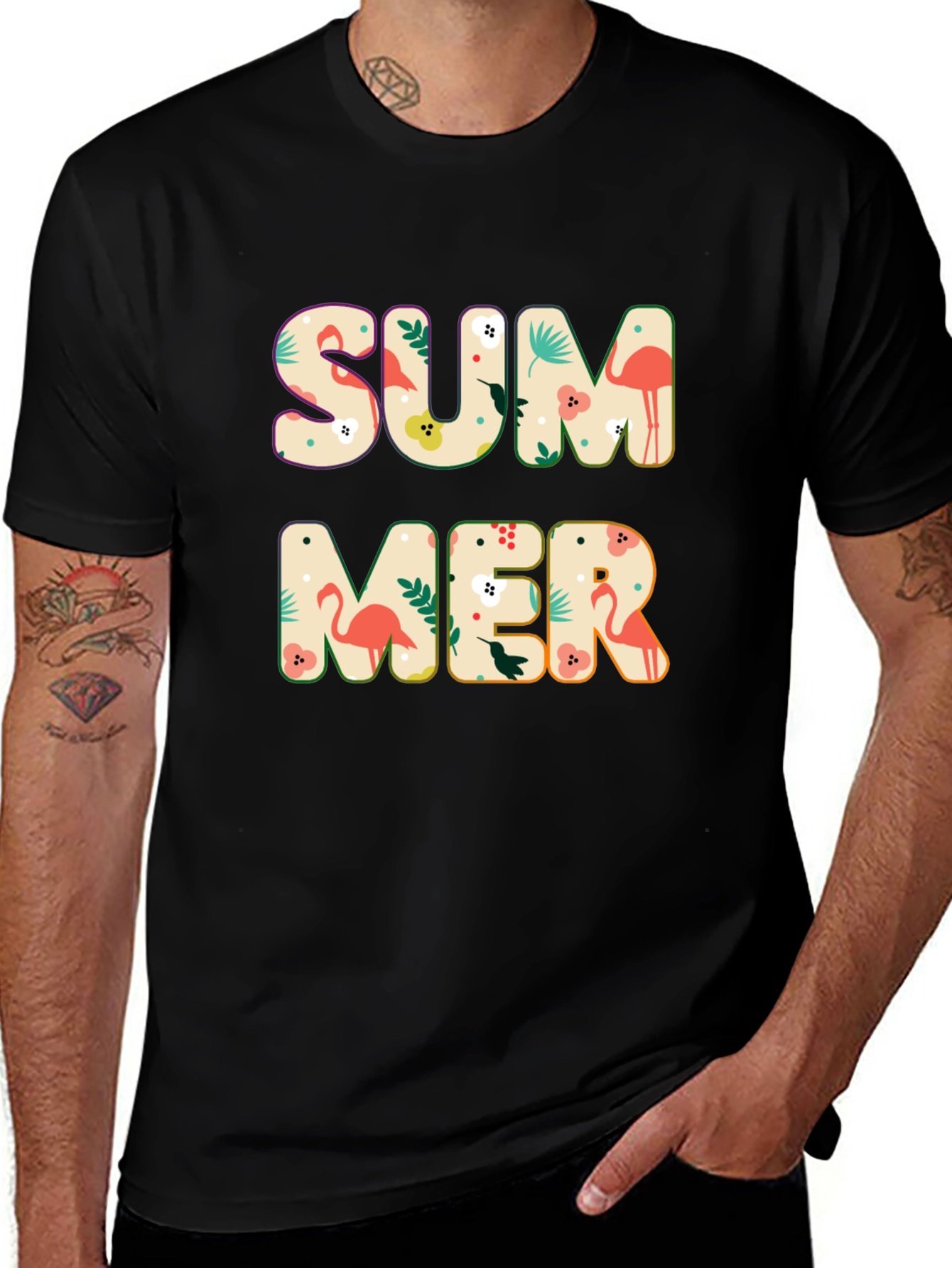 Summer Flamingo Print Black T-Shirt