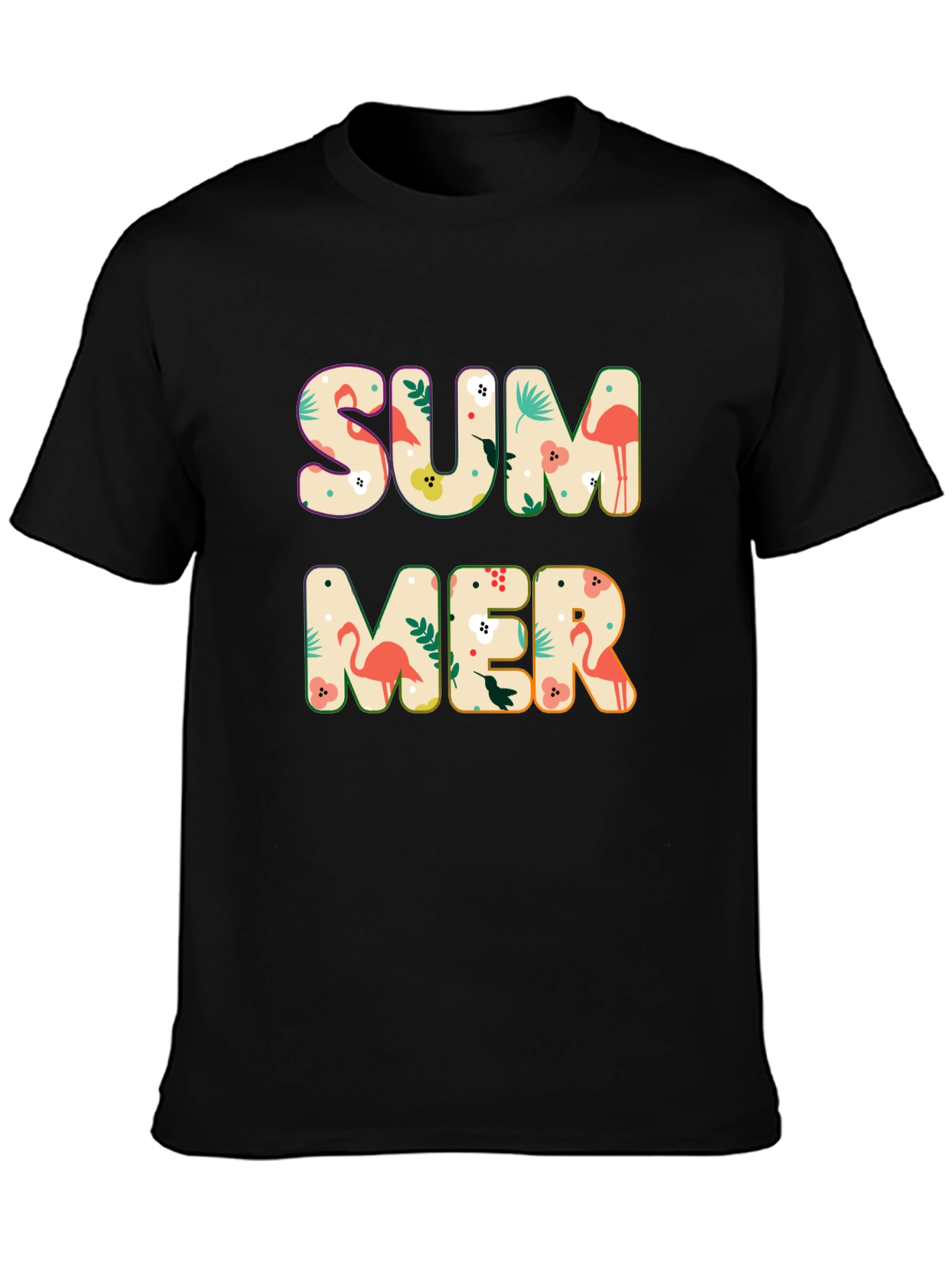 Summer Flamingo Print Black T-Shirt
