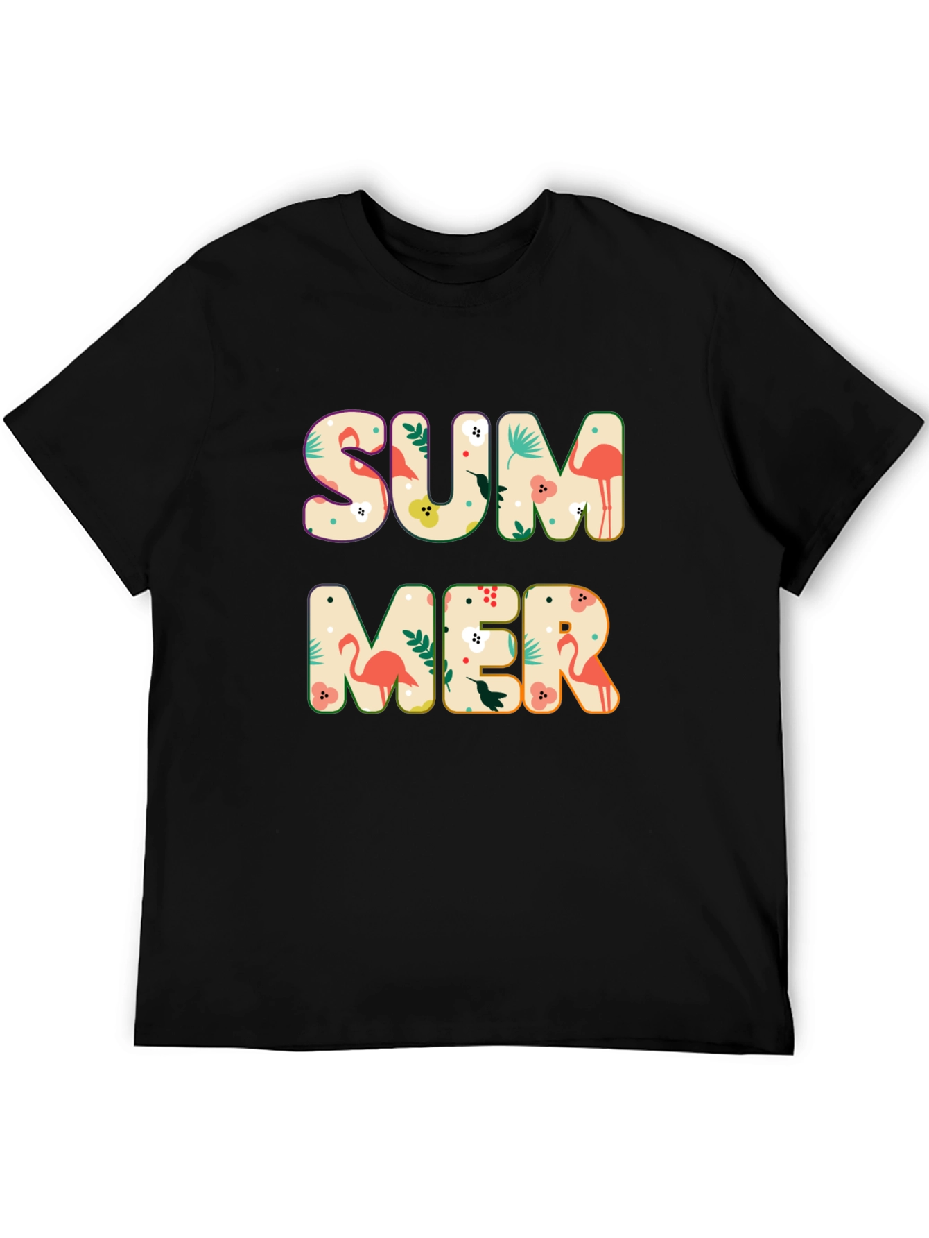 Summer Flamingo Print Black T-Shirt