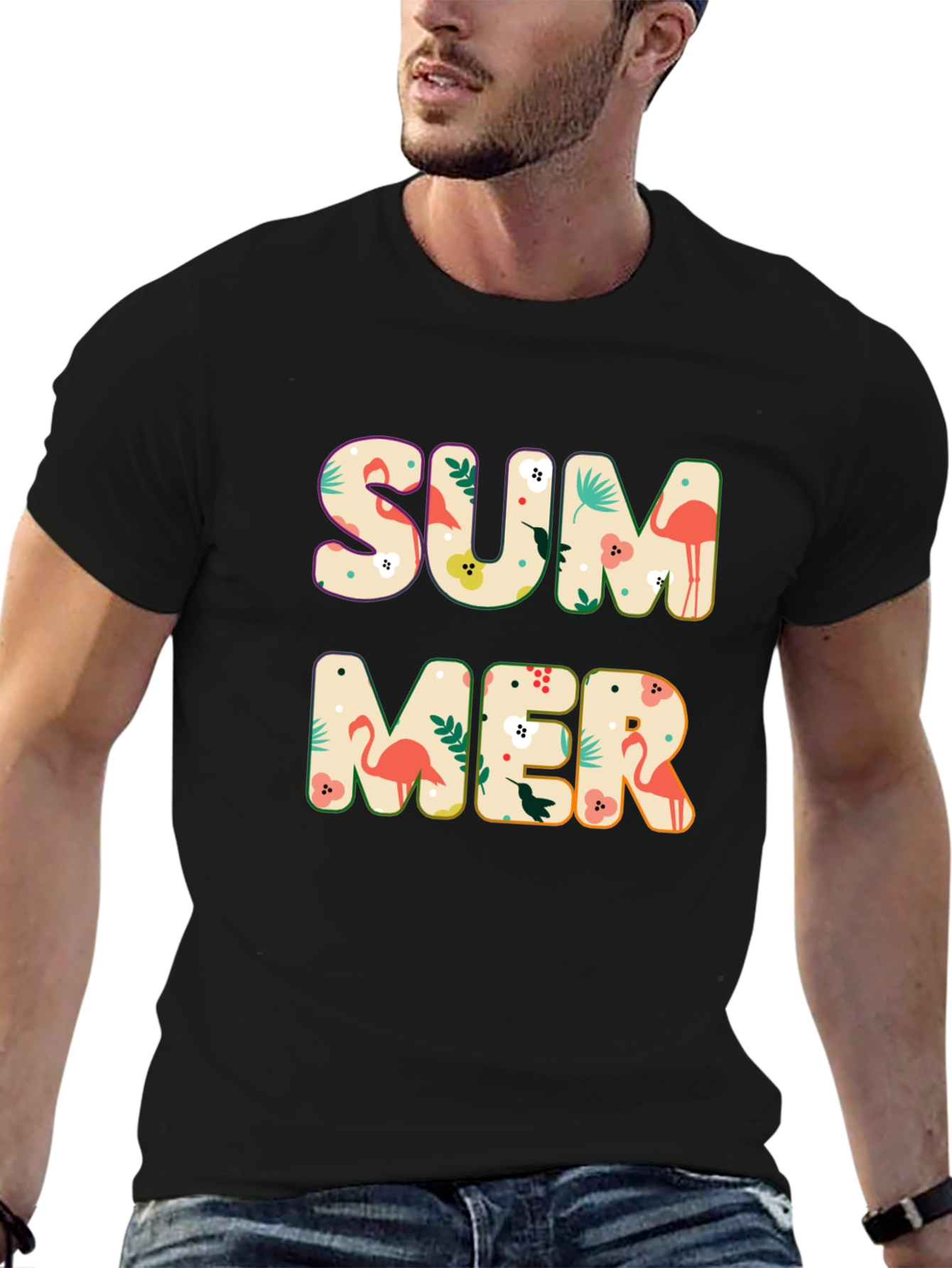 Summer Flamingo Print Black T-Shirt