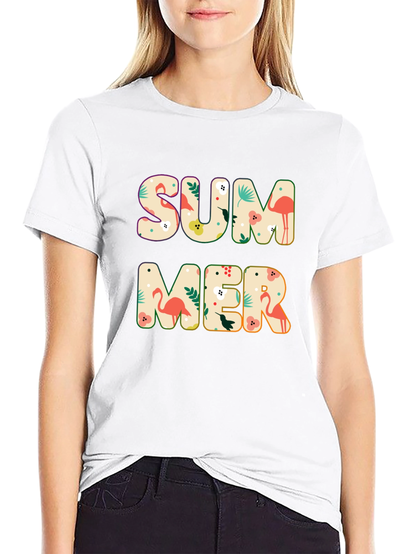 Summer Flamingo Print Black T-Shirt