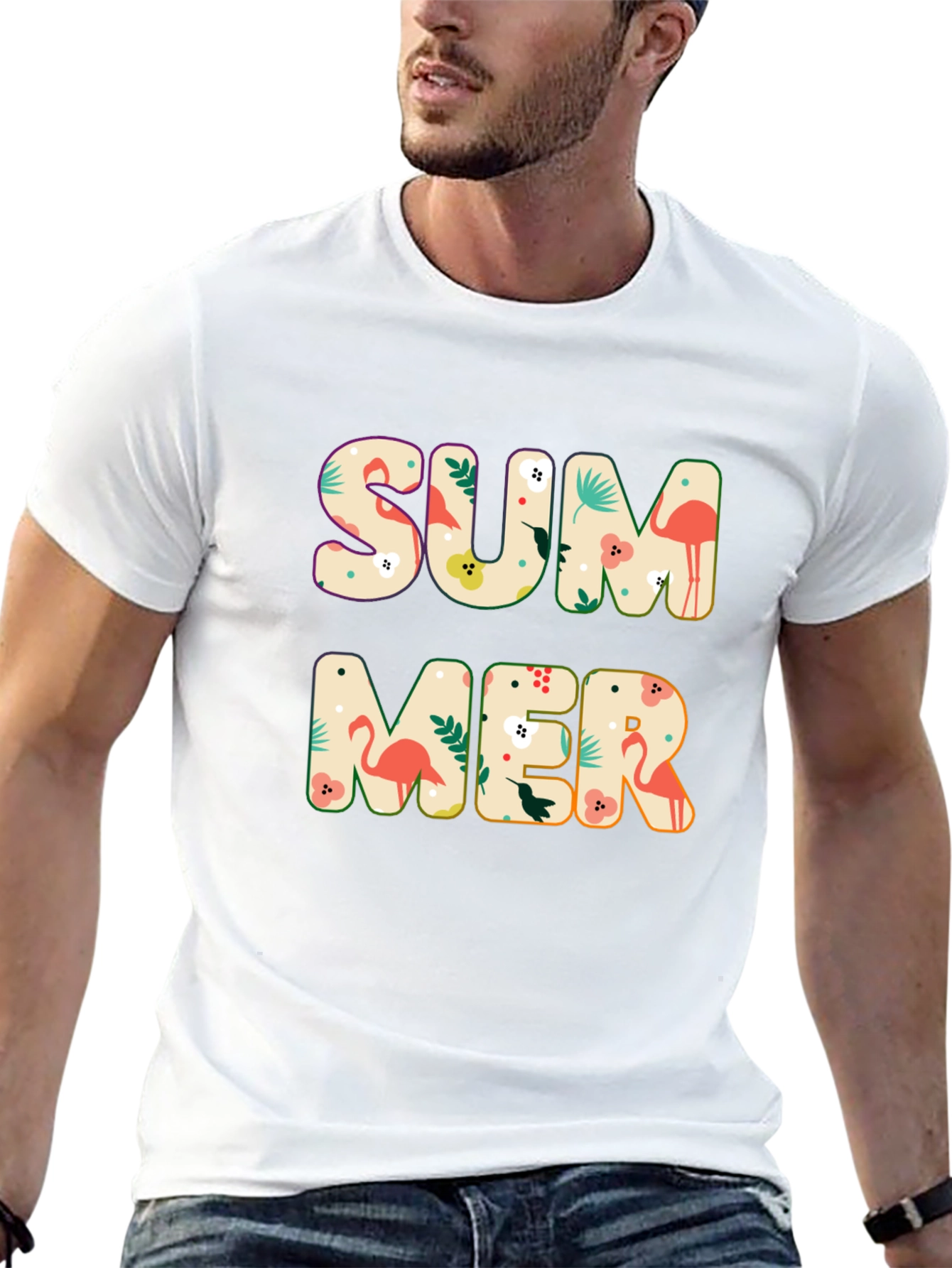 Summer Flamingo Print Black T-Shirt