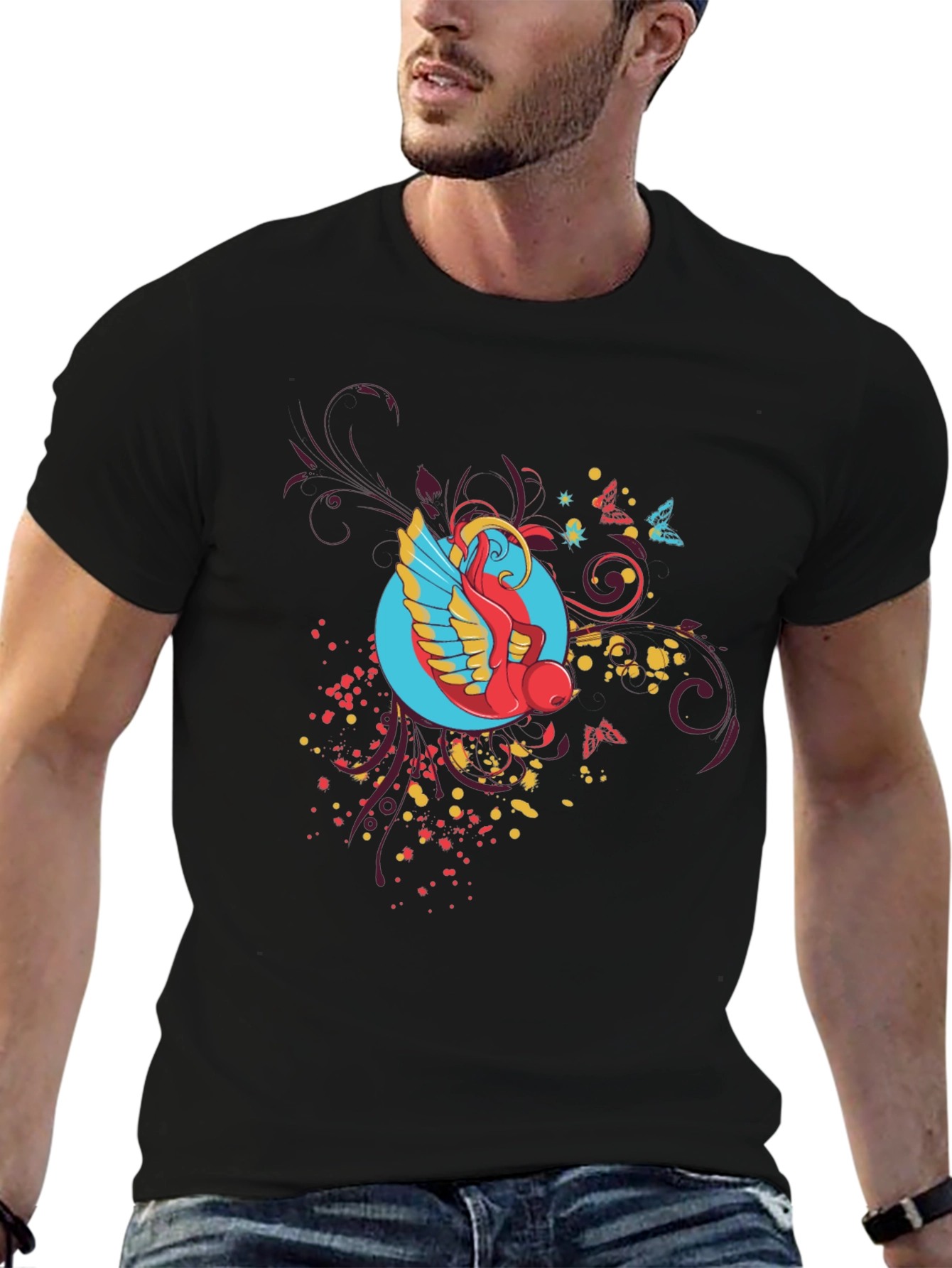Abstract Bird Graphic Black T-Shirt
