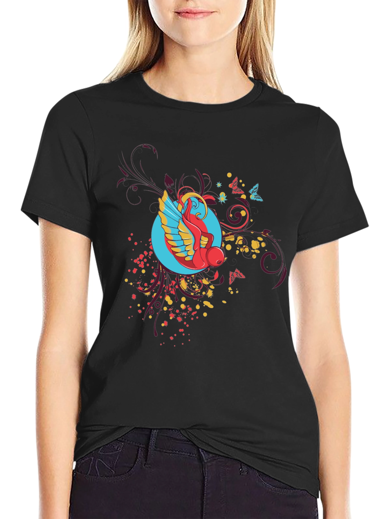 Abstract Bird Graphic Black T-Shirt