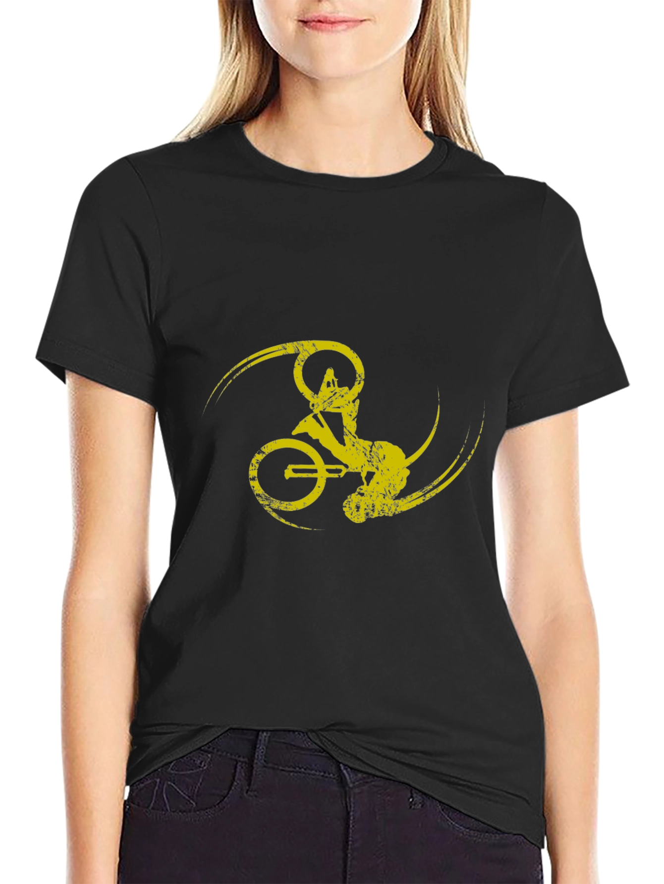 Black T-Shirt with Yellow Bike Design