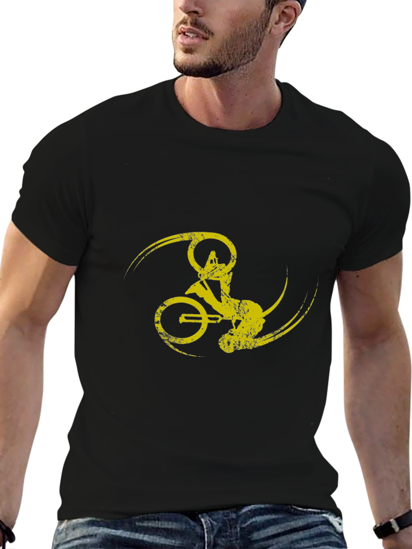 Black T-Shirt with Yellow Bike Design