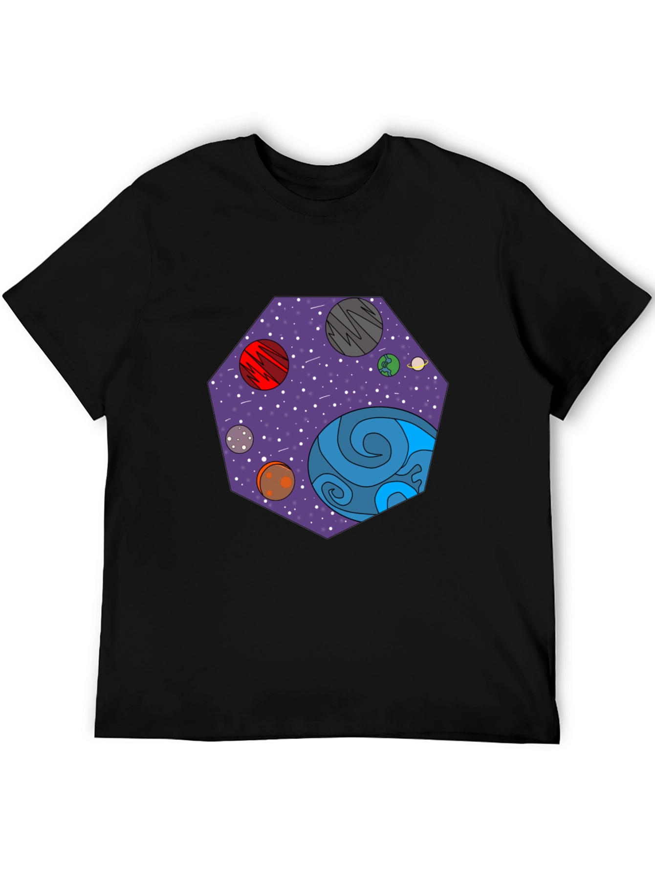 Cosmic Planets Graphic Tee - Black Cotton T-Shirt