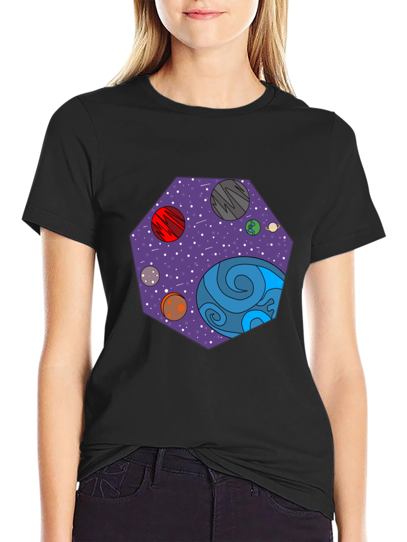 Cosmic Planets Graphic Tee - Black Cotton T-Shirt