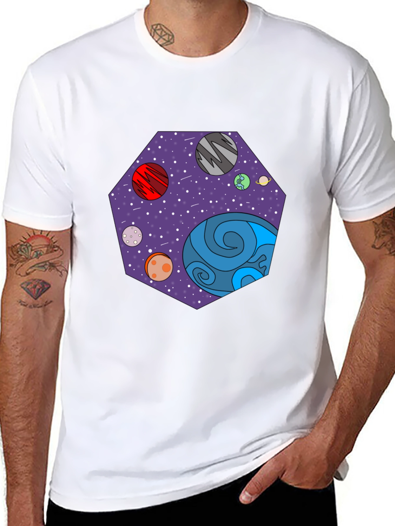 Cosmic Planets Graphic Tee - Black Cotton T-Shirt