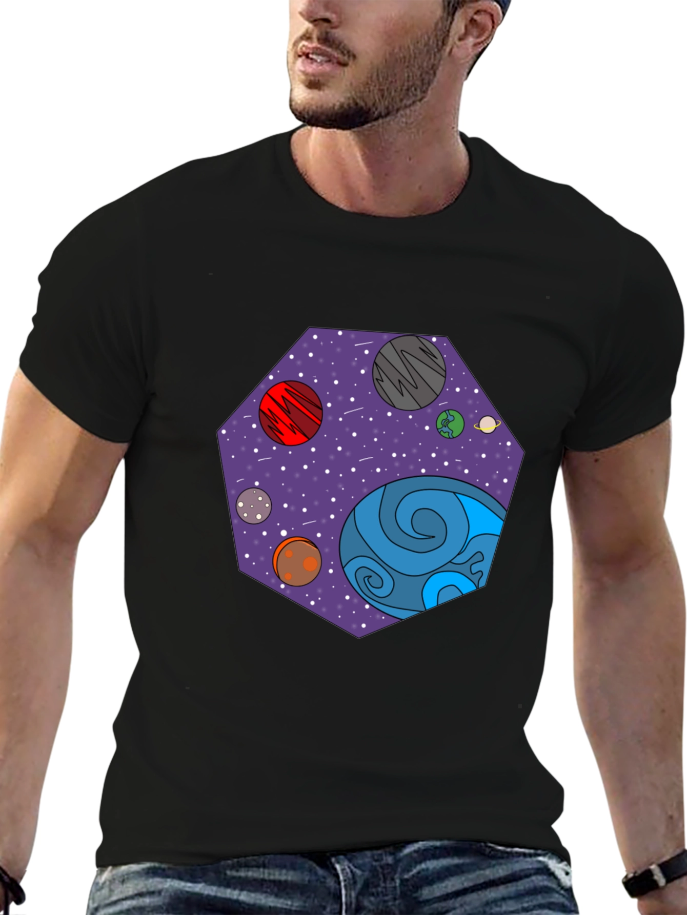 Cosmic Planets Graphic Tee - Black Cotton T-Shirt