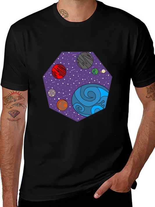 Cosmic Planets Graphic Tee - Black Cotton T-Shirt