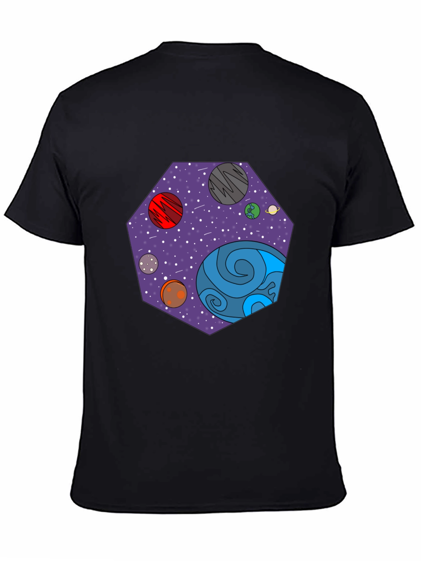 Cosmic Planets Graphic Tee - Black Cotton T-Shirt