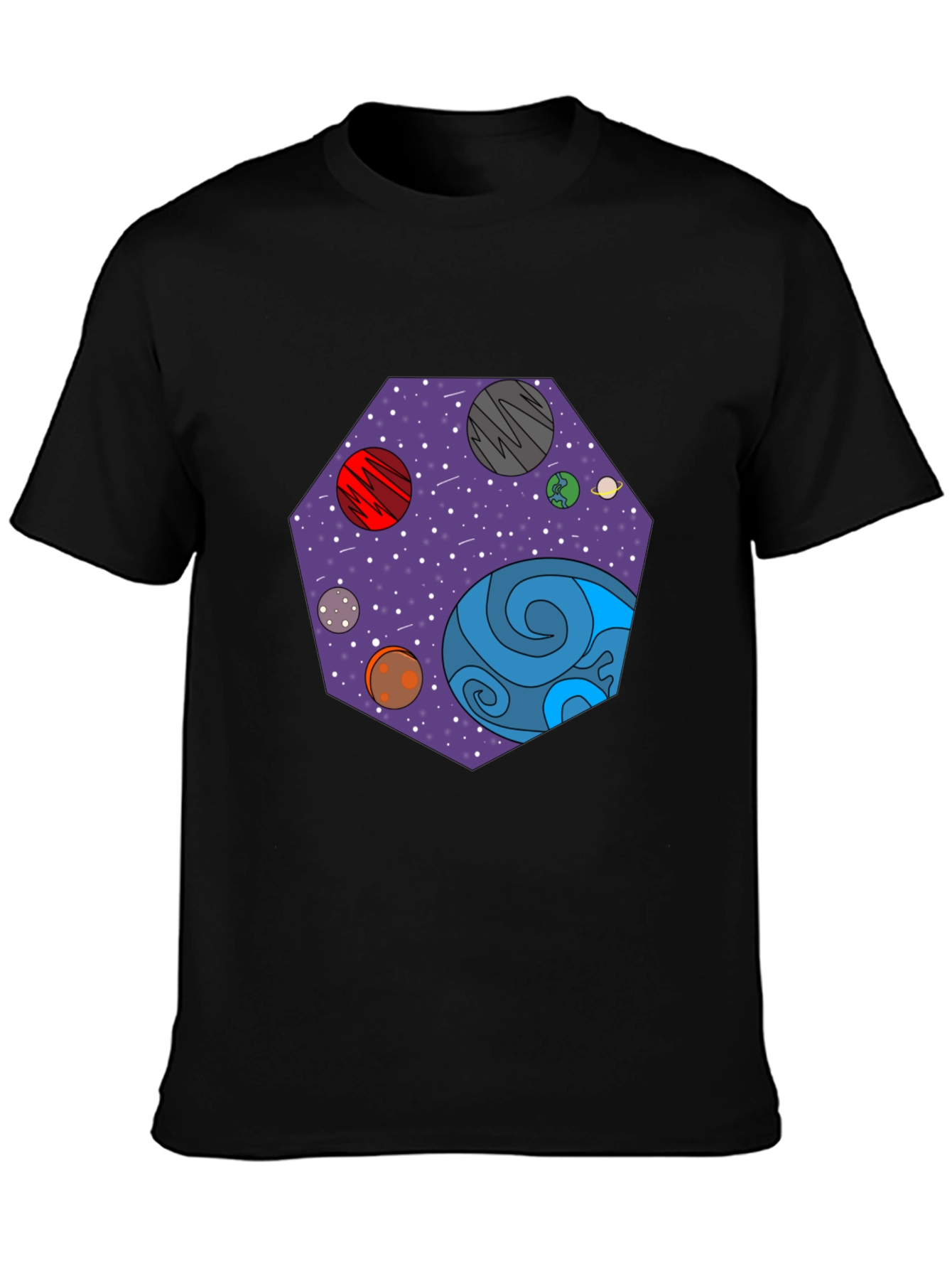 Cosmic Planets Graphic Tee - Black Cotton T-Shirt