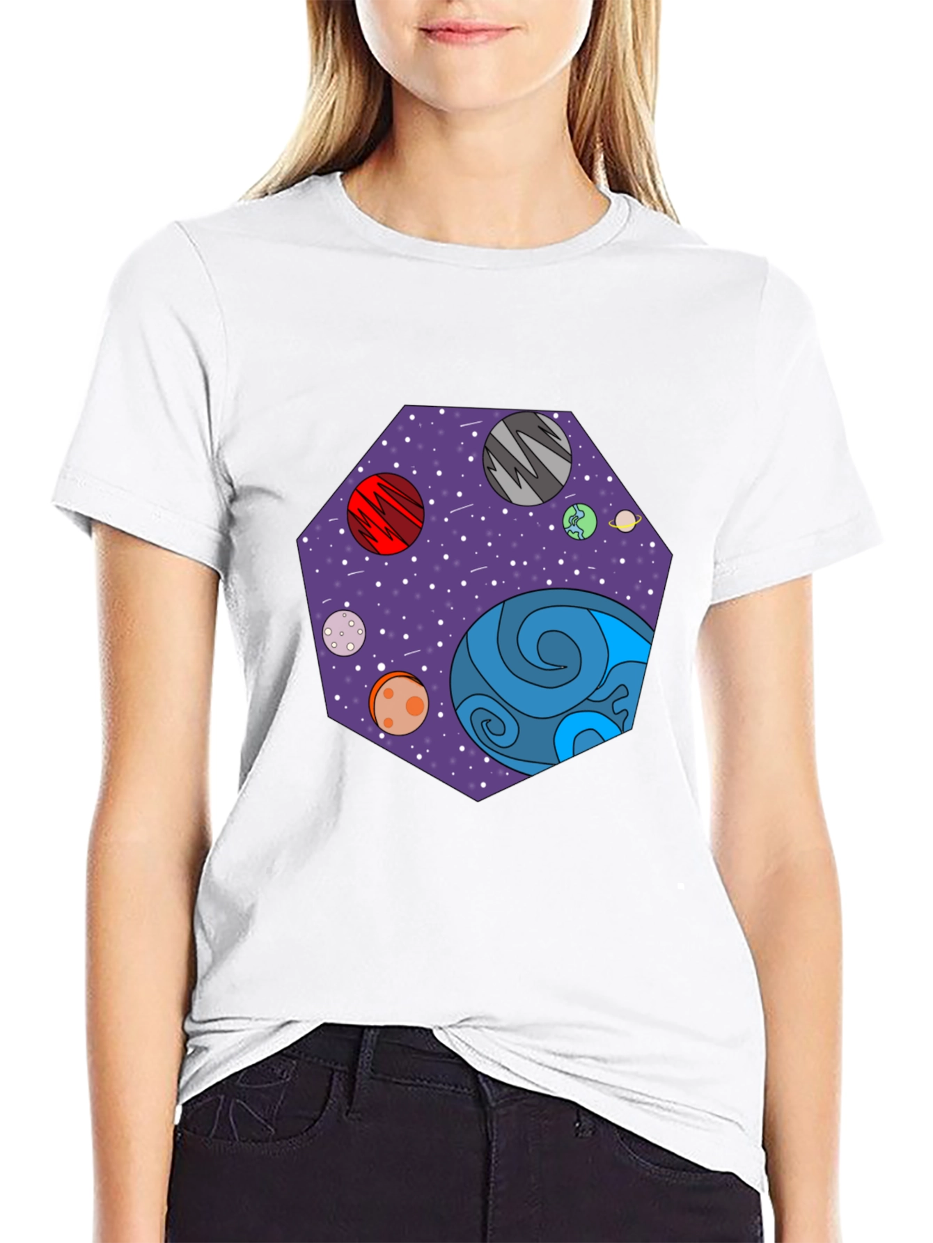 Cosmic Planets Graphic Tee - Black Cotton T-Shirt
