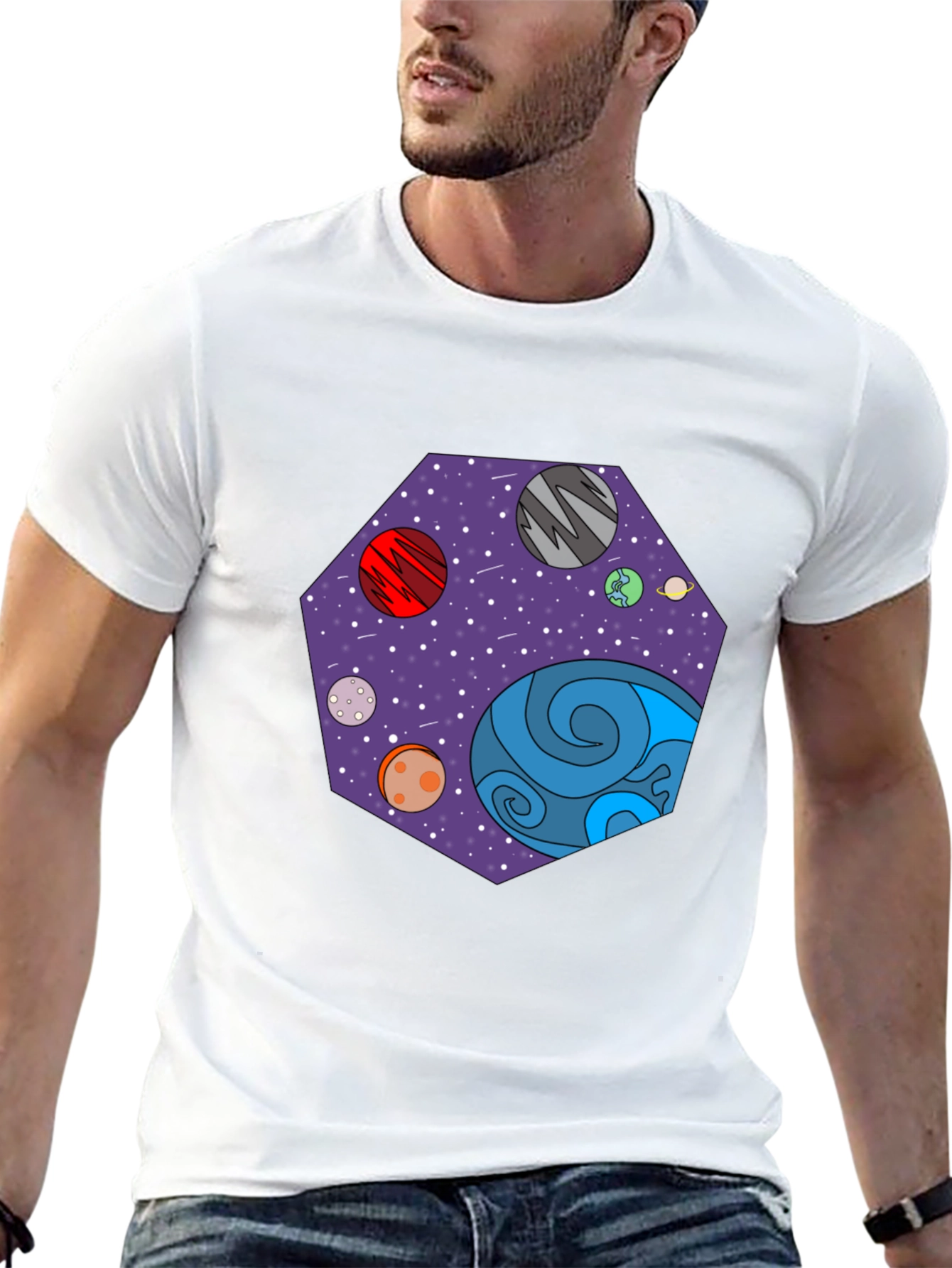 Cosmic Planets Graphic Tee - Black Cotton T-Shirt