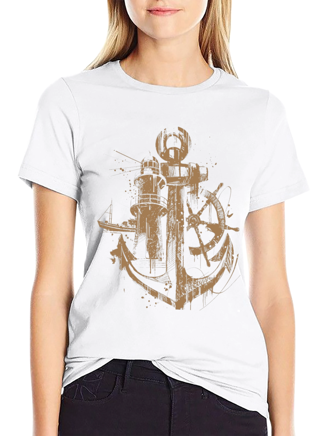 Nautical Anchor & Lighthouse Graphic Print Black T-Shirt