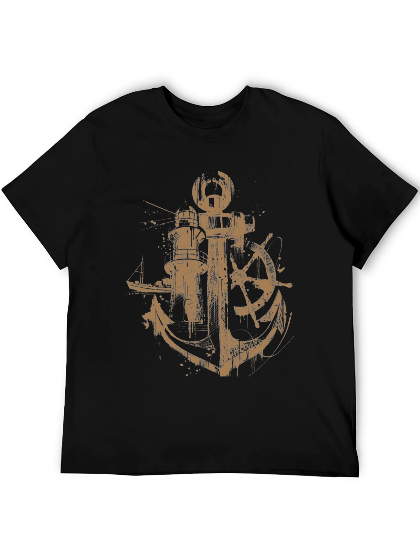 Nautical Anchor & Lighthouse Graphic Print Black T-Shirt