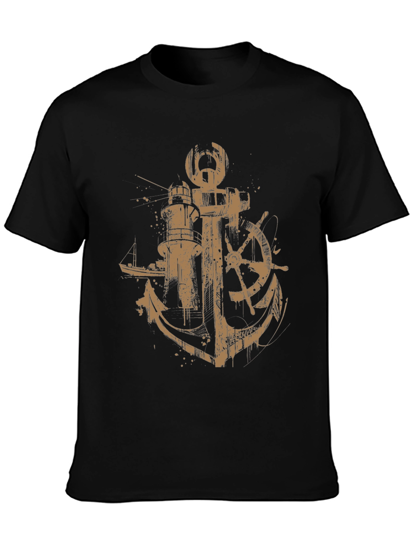 Nautical Anchor & Lighthouse Graphic Print Black T-Shirt