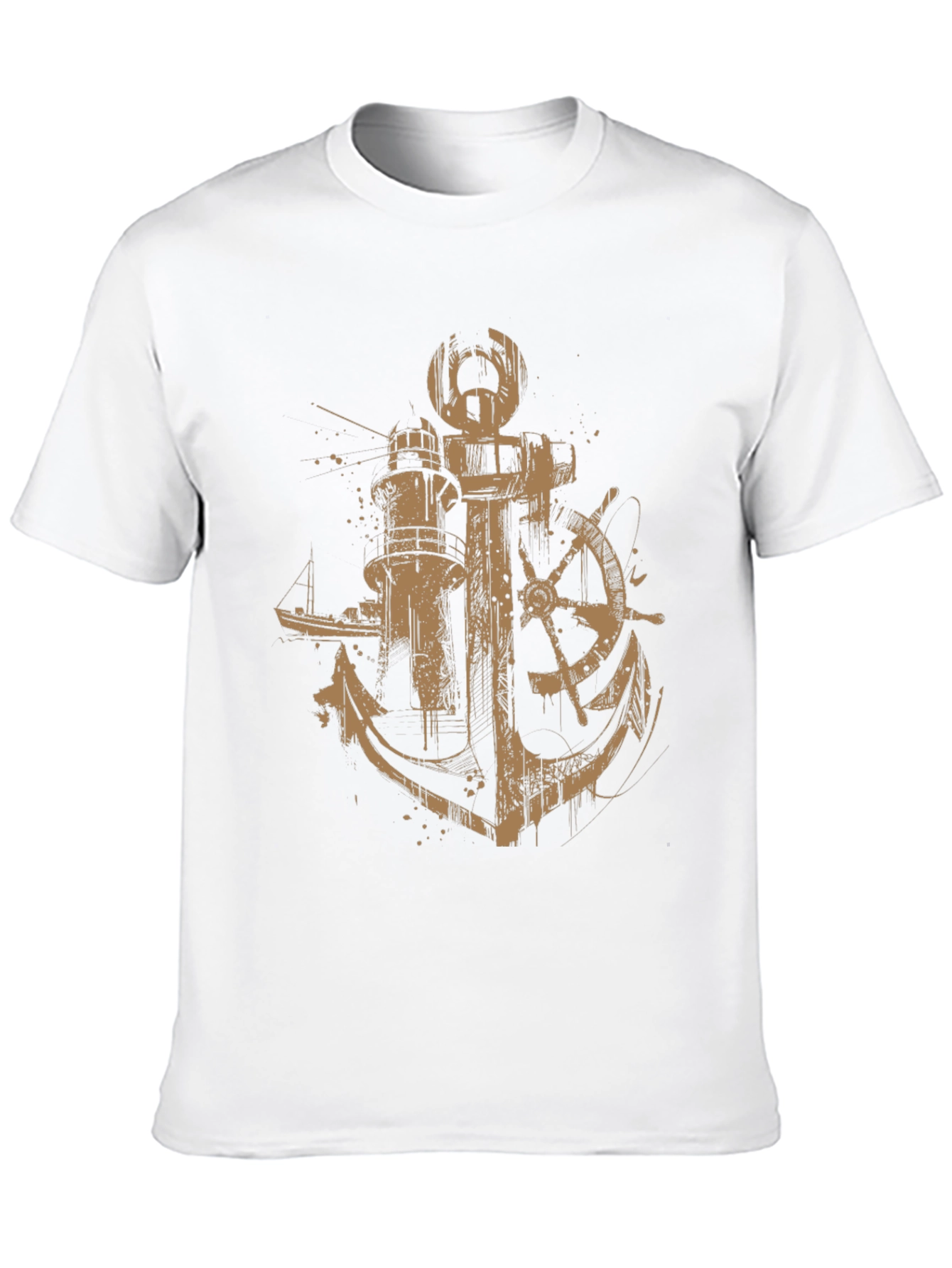 Nautical Anchor & Lighthouse Graphic Print Black T-Shirt