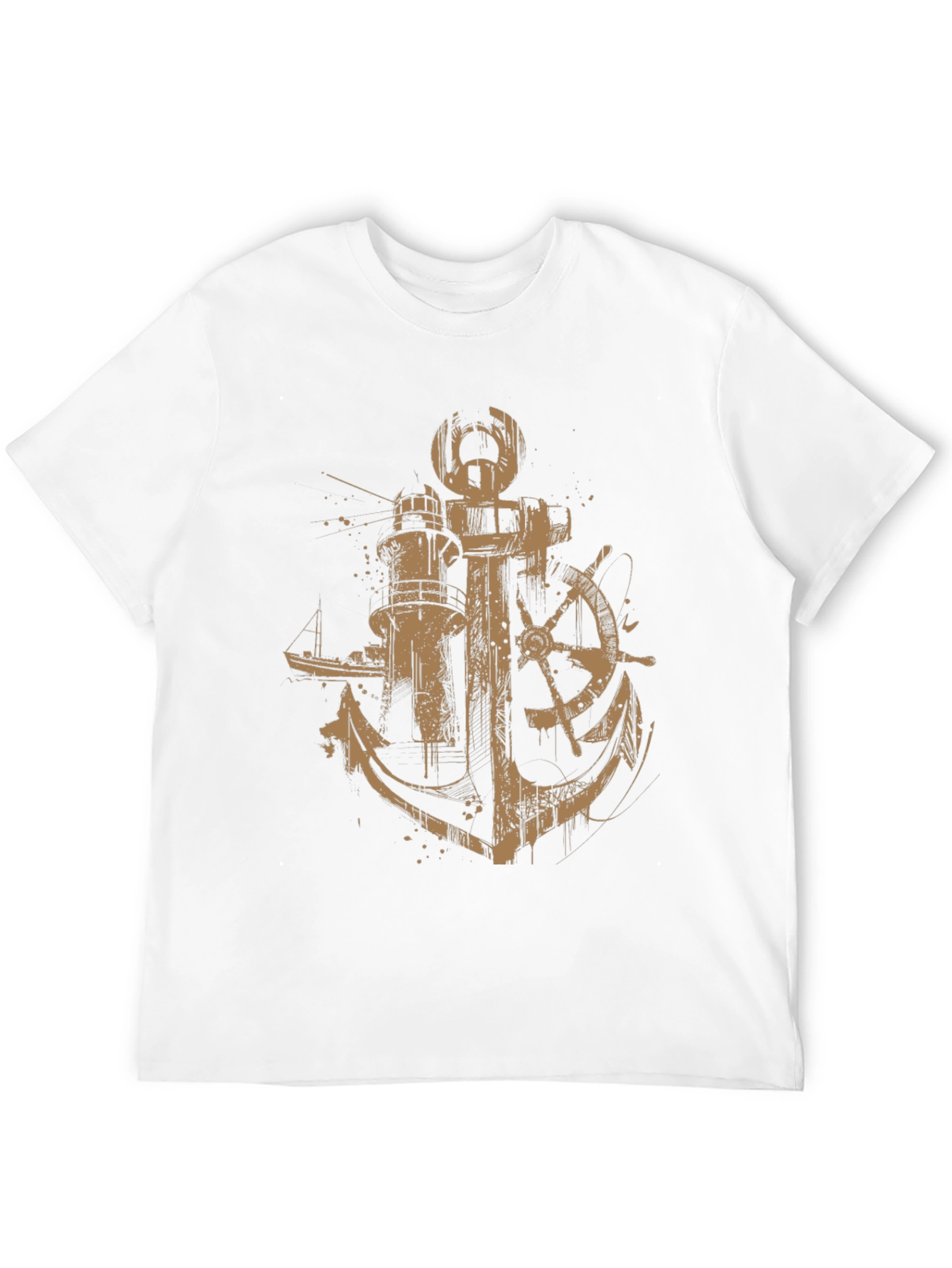 Nautical Anchor & Lighthouse Graphic Print Black T-Shirt
