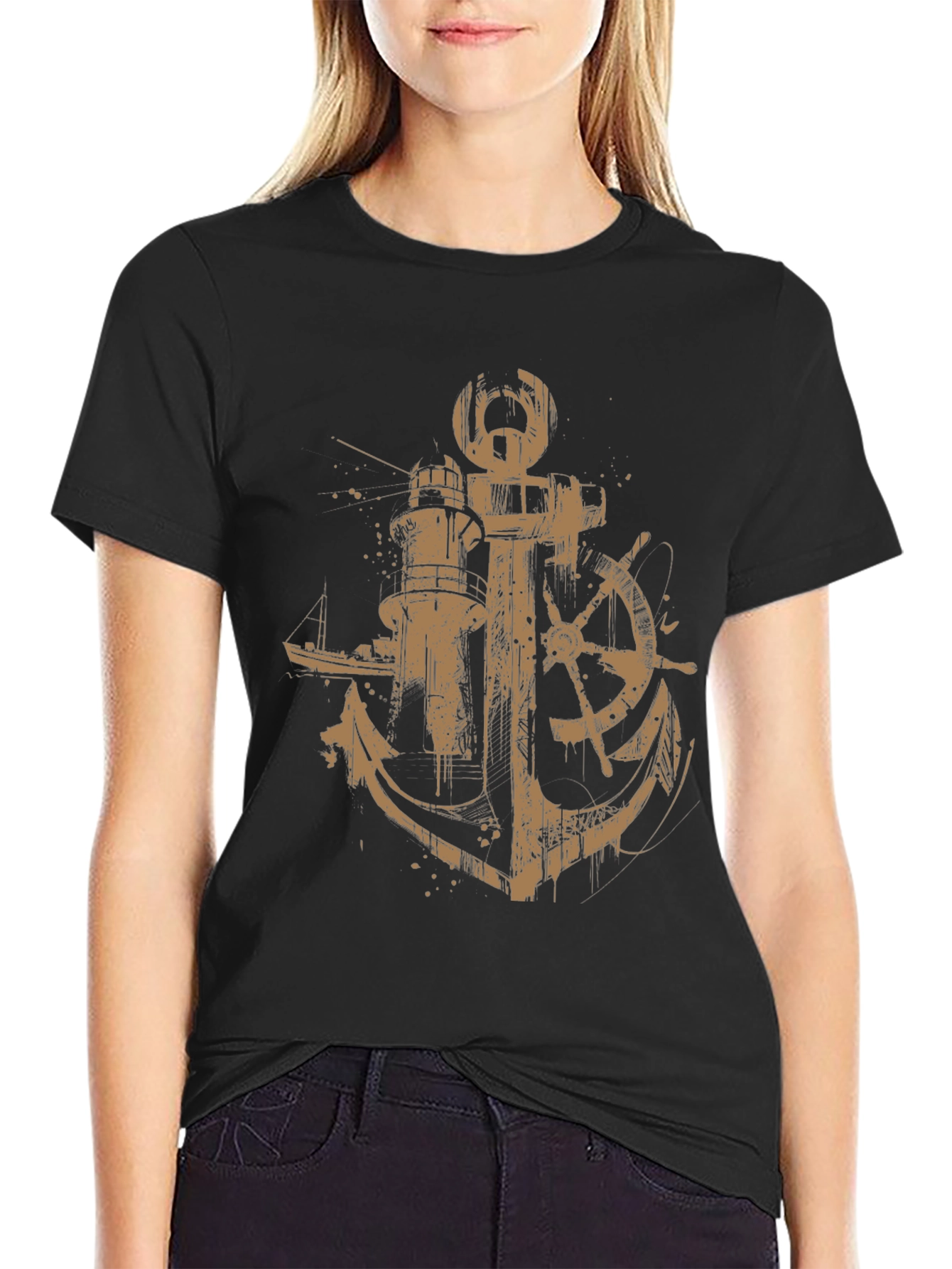 Nautical Anchor & Lighthouse Graphic Print Black T-Shirt