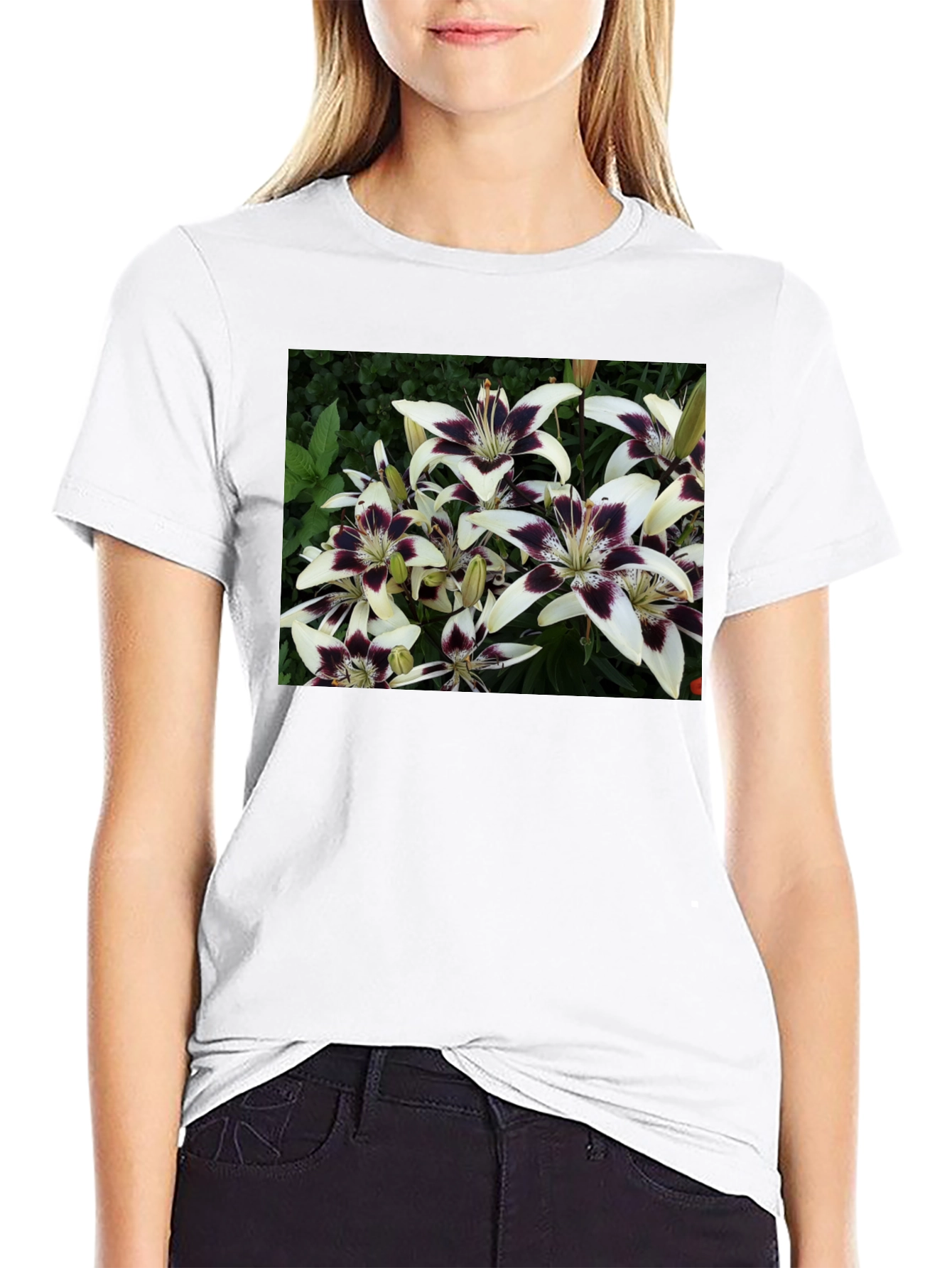 Floral Lily Print Black T-Shirt