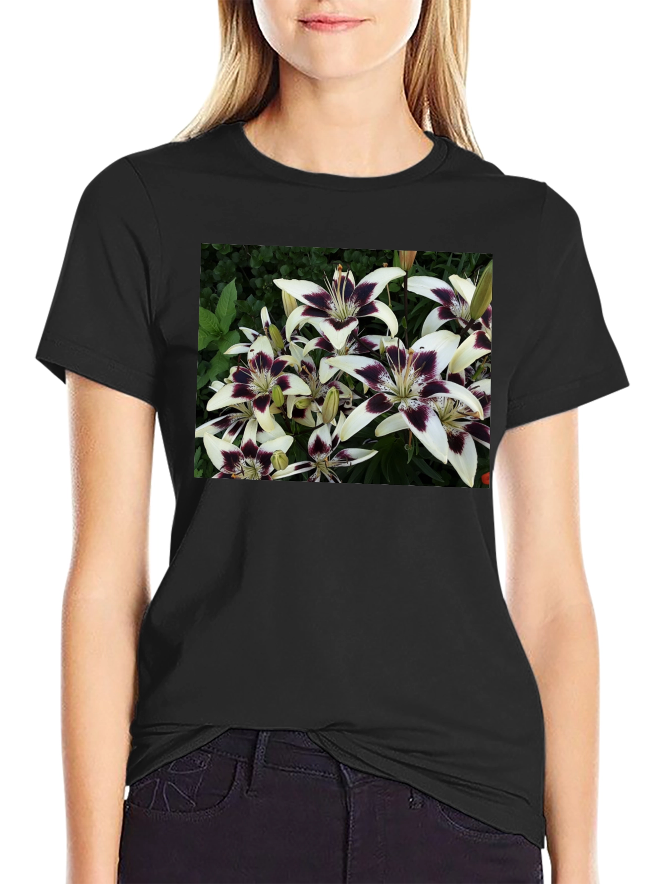 Floral Lily Print Black T-Shirt