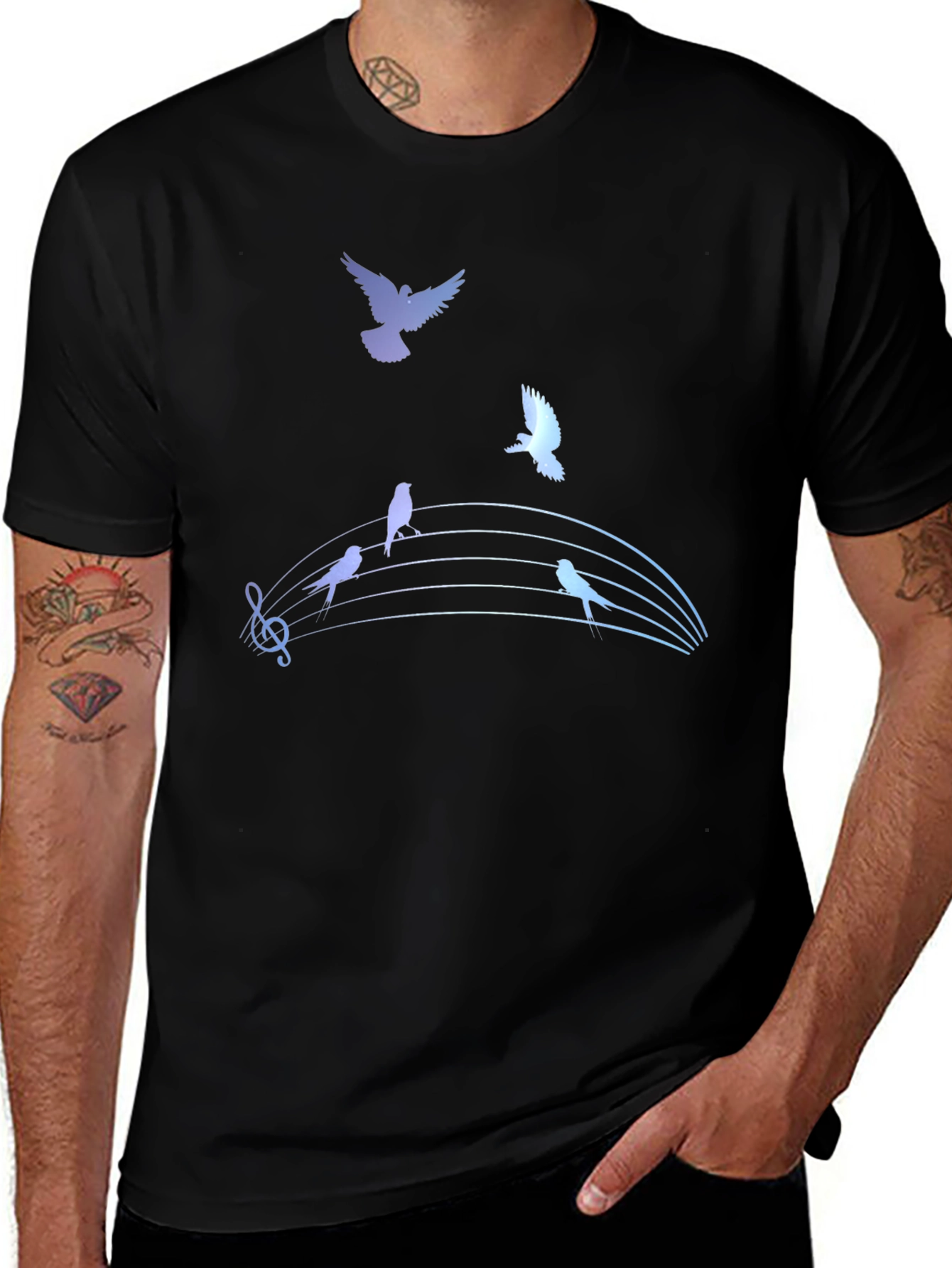 Musical Birds Graphic Tee - Black Cotton T-Shirt