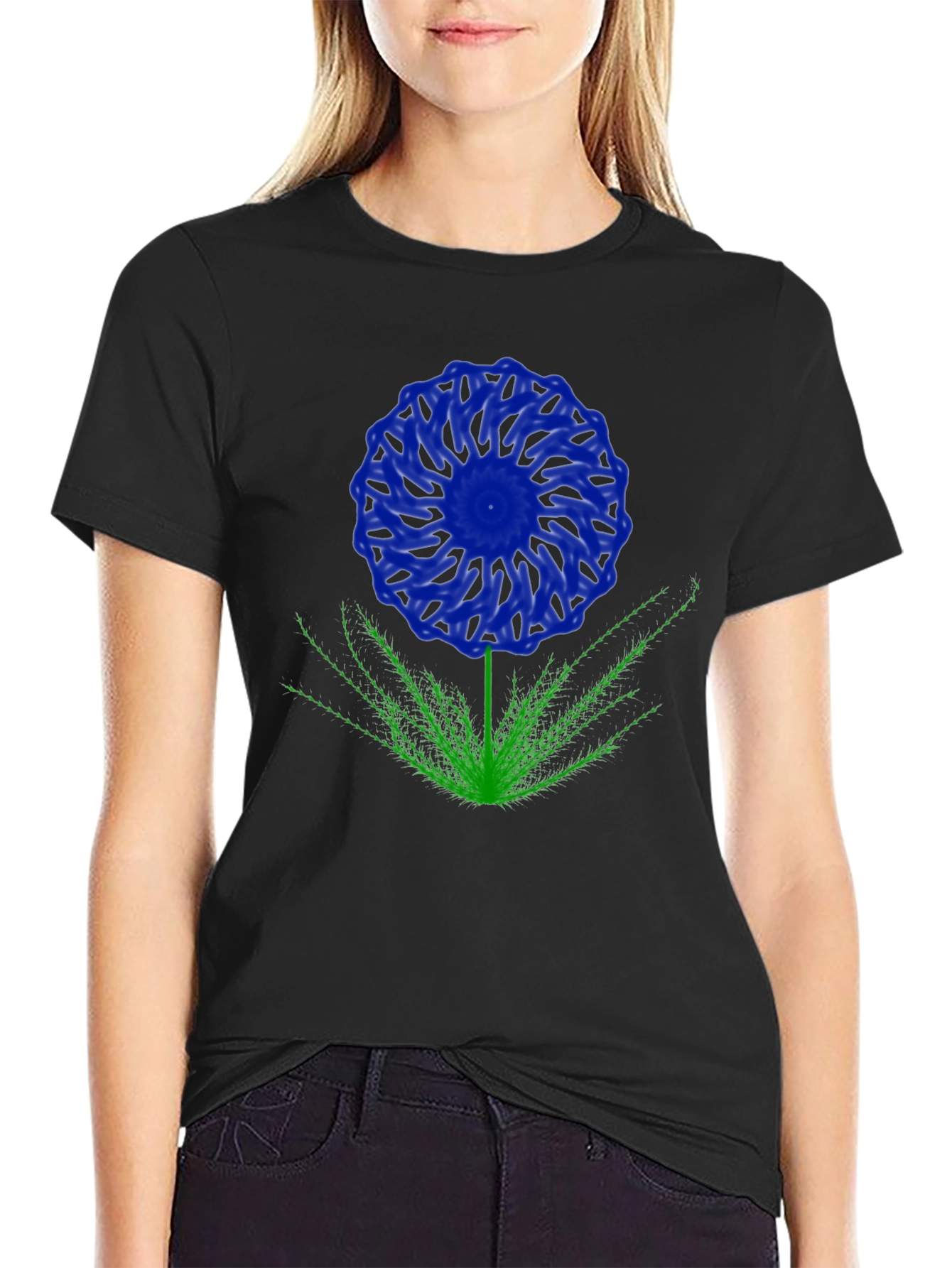 Blue Flower Graphic T-Shirt - Black Cotton Blend