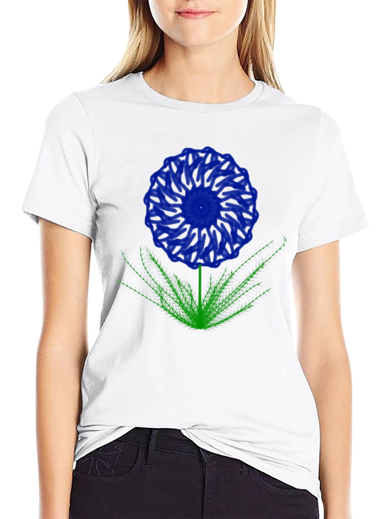 Blue Flower Graphic T-Shirt - Black Cotton Blend
