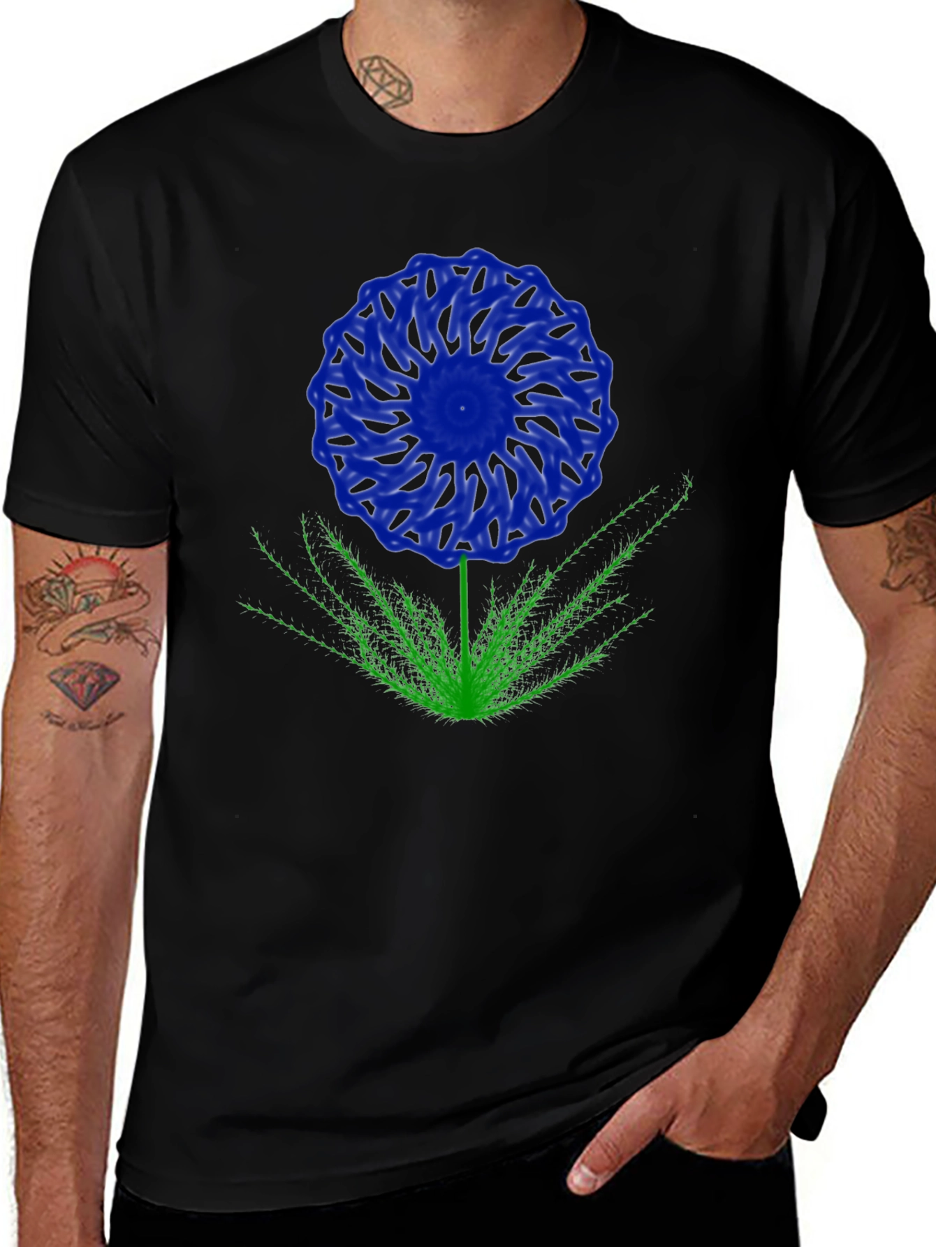 Blue Flower Graphic T-Shirt - Black Cotton Blend