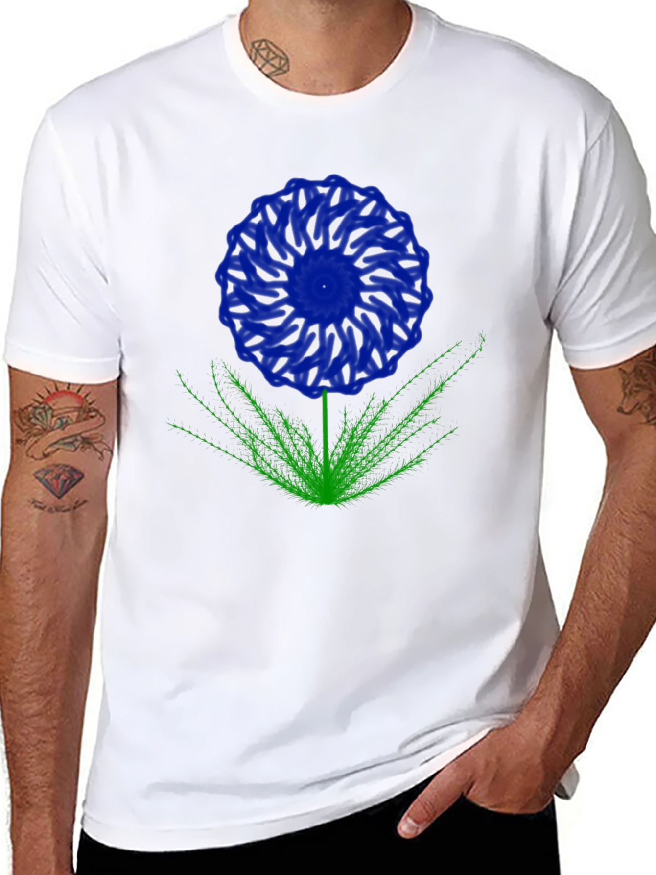 Blue Flower Graphic T-Shirt - Black Cotton Blend