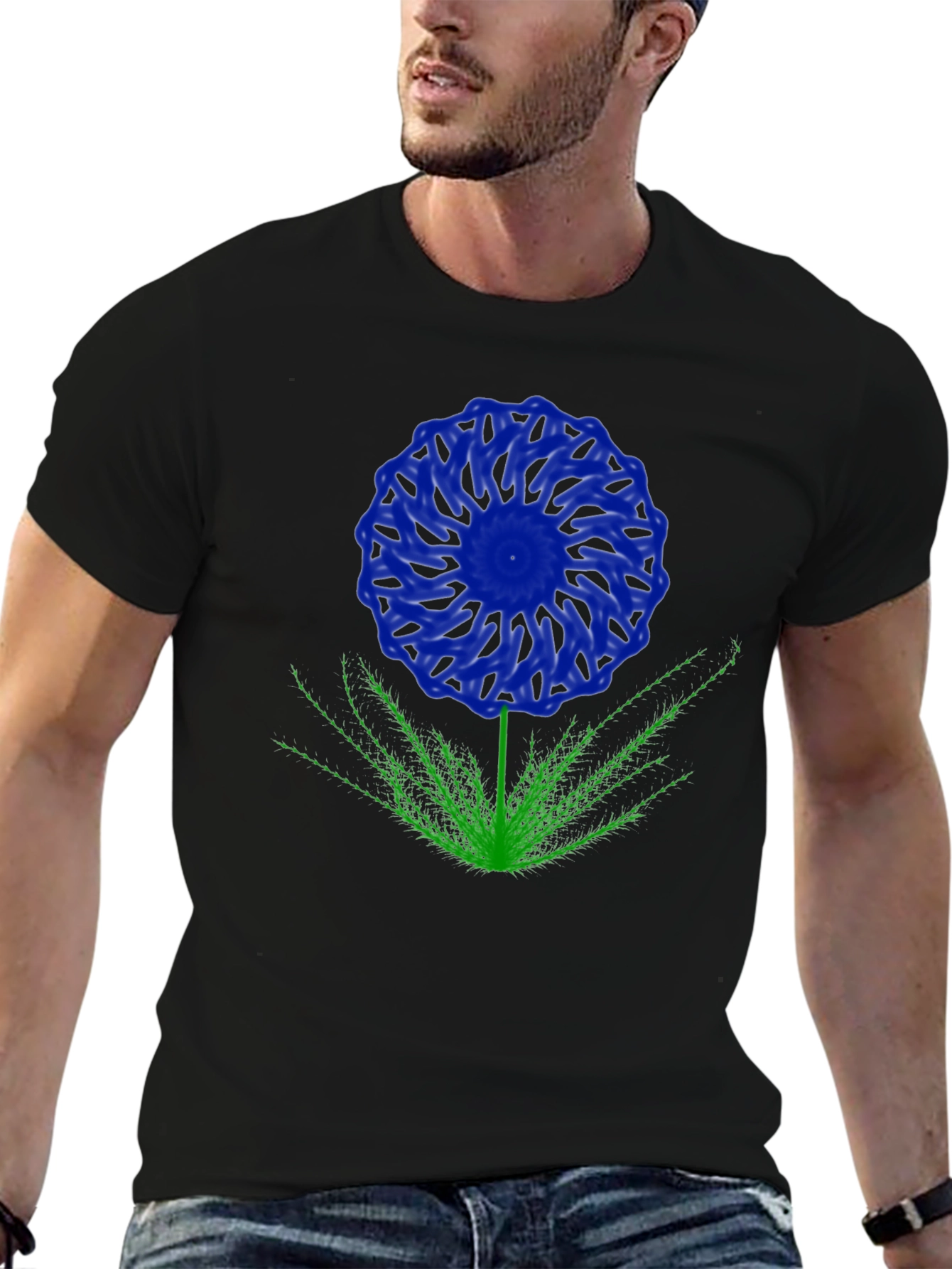 Blue Flower Graphic T-Shirt - Black Cotton Blend