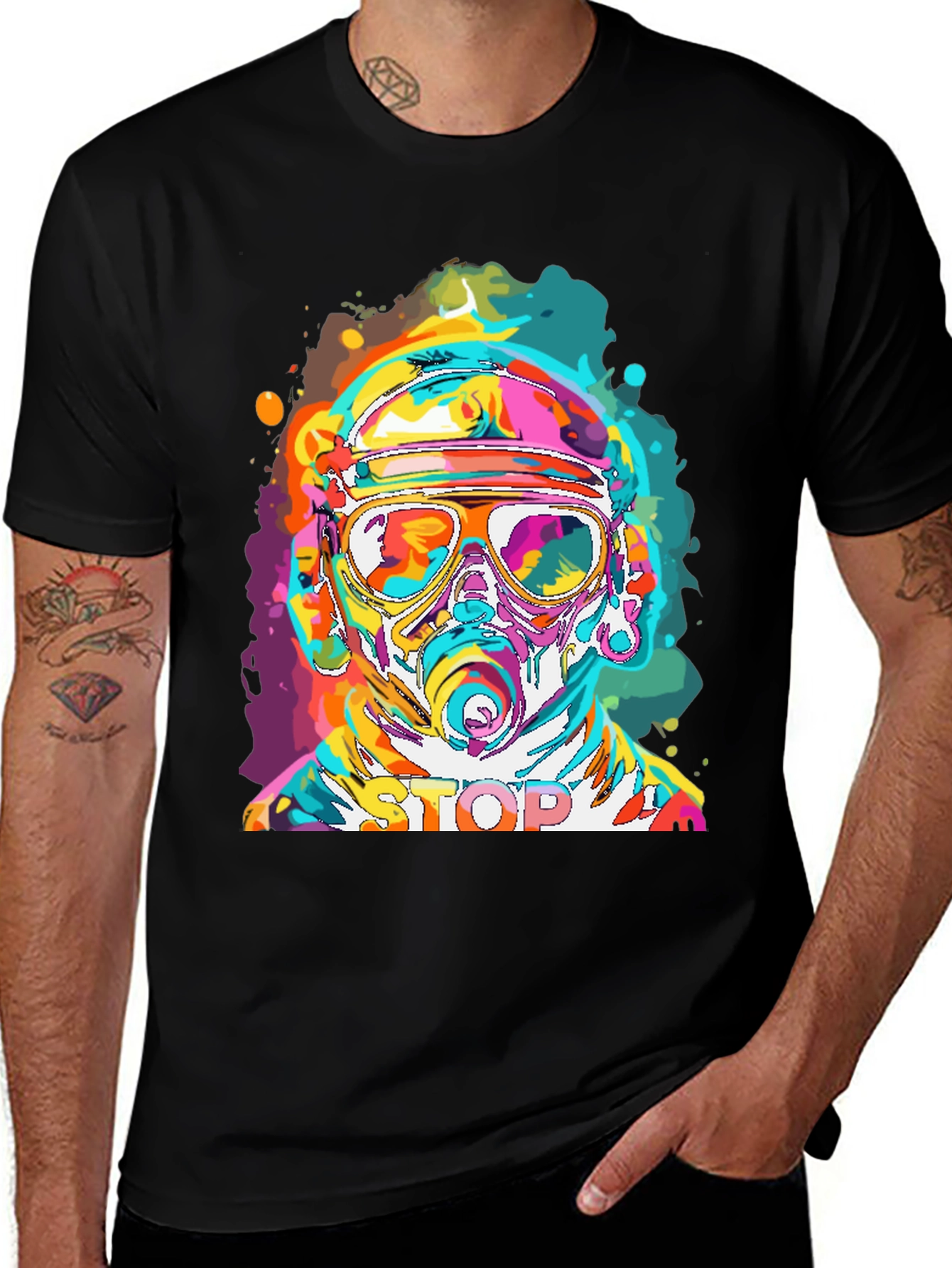 Vibrant Stop Graphic Tee - Mens Black Crew Neck