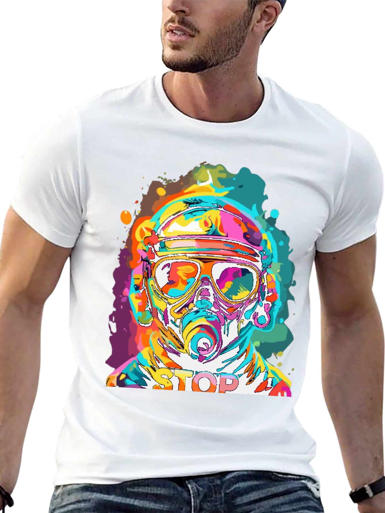 Vibrant Stop Graphic Tee - Mens Black Crew Neck